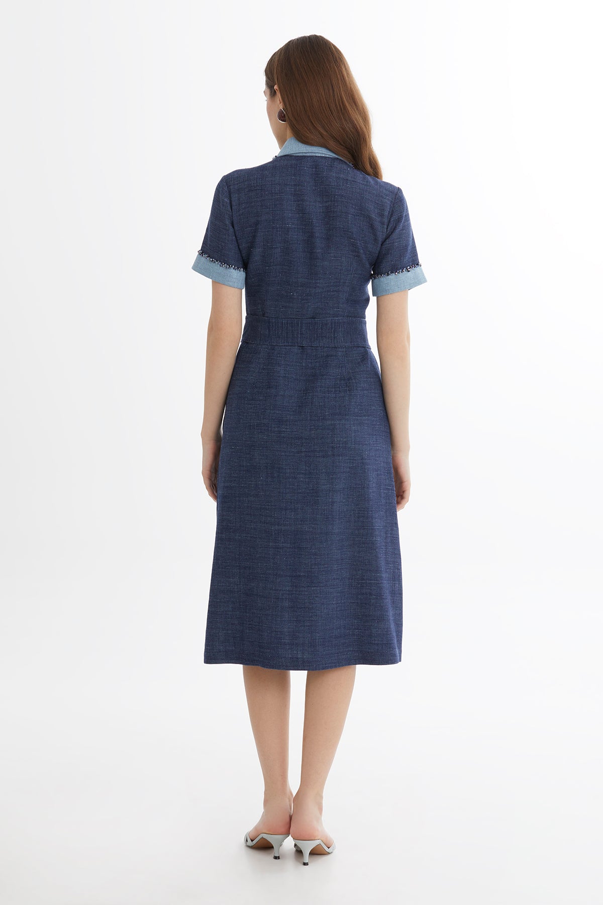 Blue Embroidered Tie-Waist Linen Midi Dress