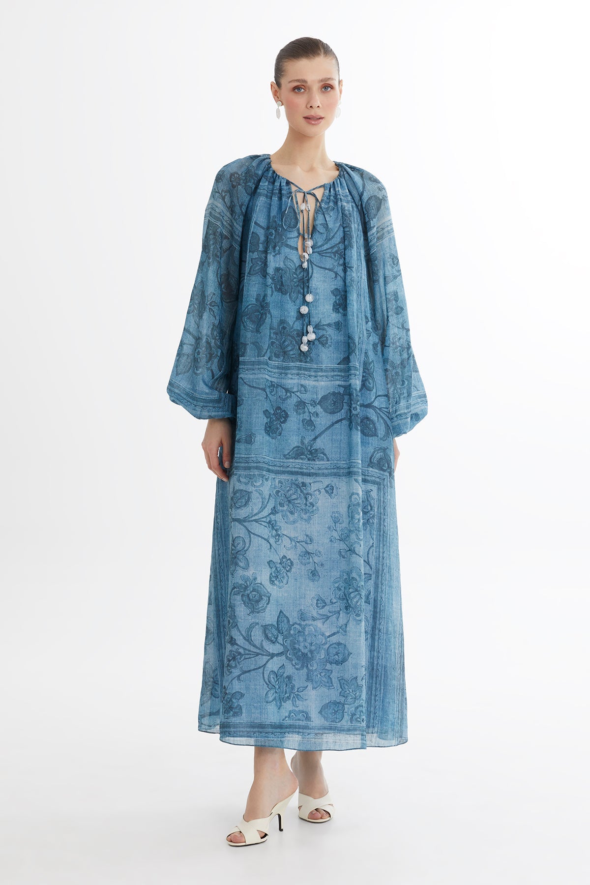 Beaded Puff Sleeve Printed Maxi Dress