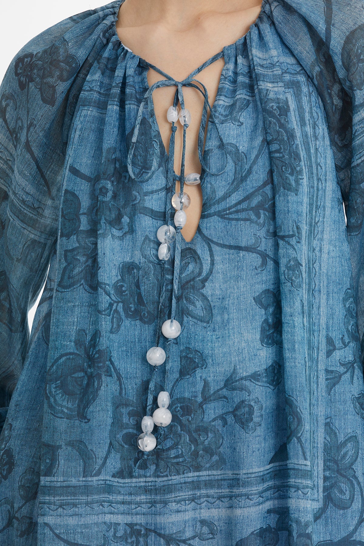 Beaded Puff Sleeve Printed Maxi Dress