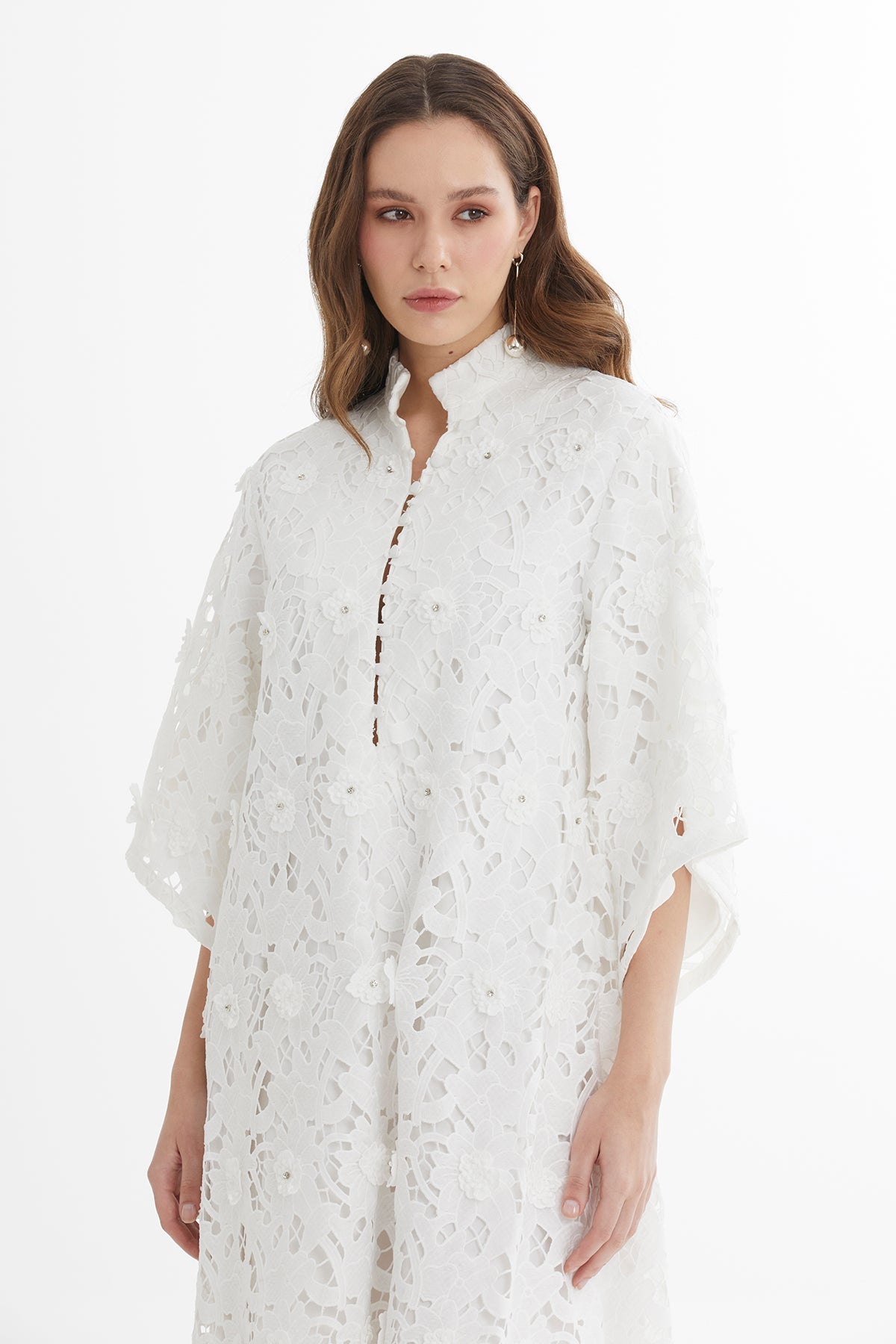 White Batwing Sleeve Embroidered Midi Dress