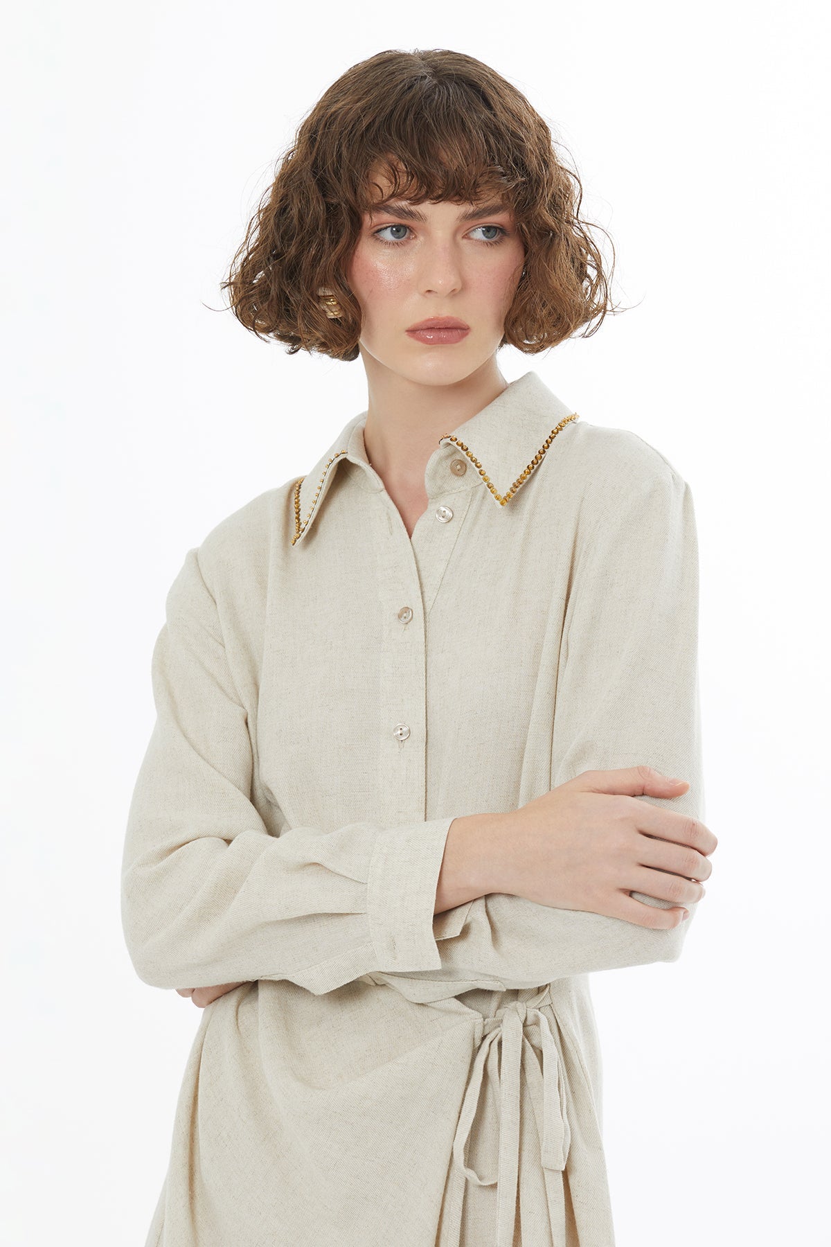 Beige Tie Detail Linen Midi Dress