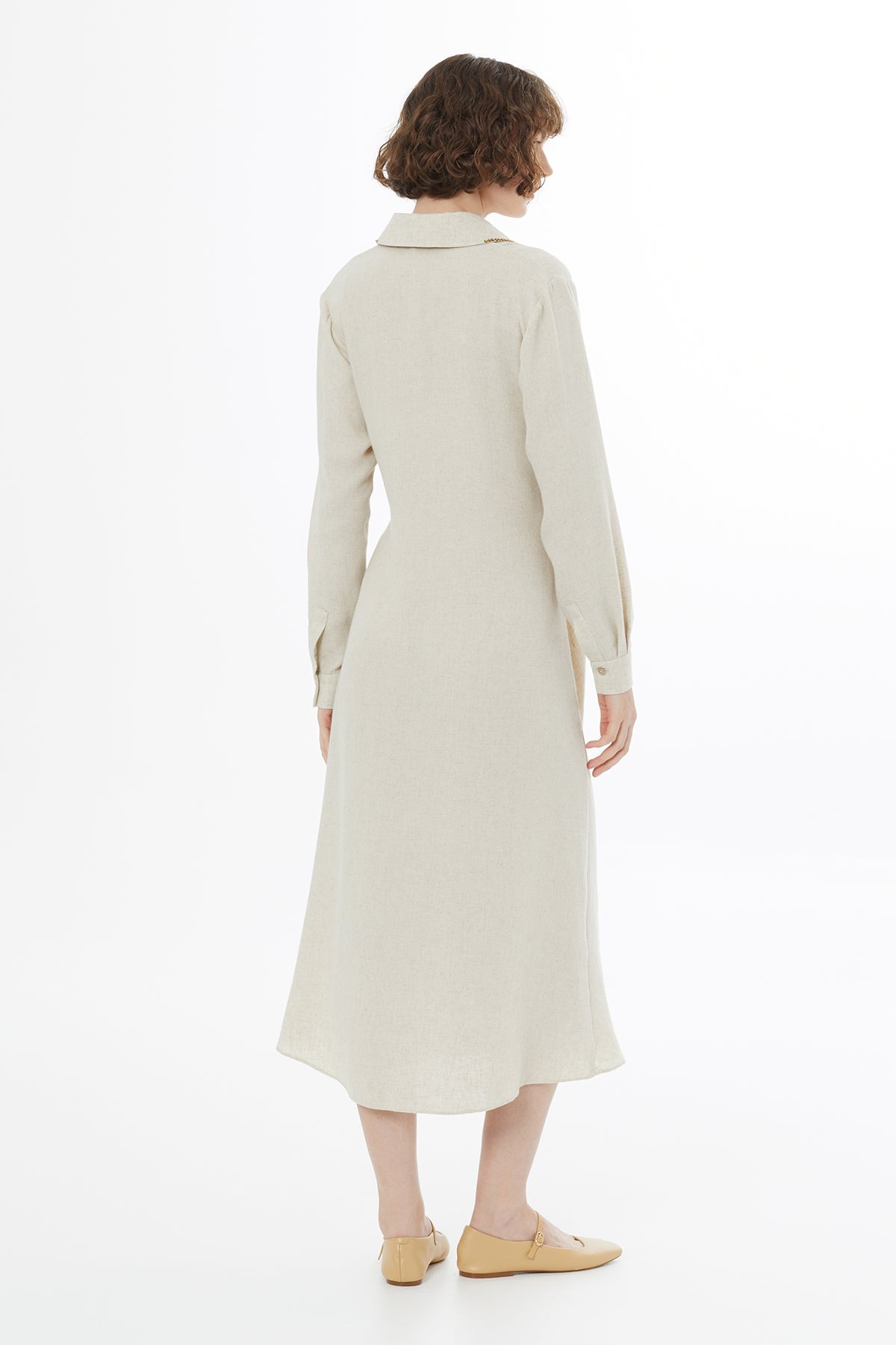 Beige Tie Detail Linen Midi Dress