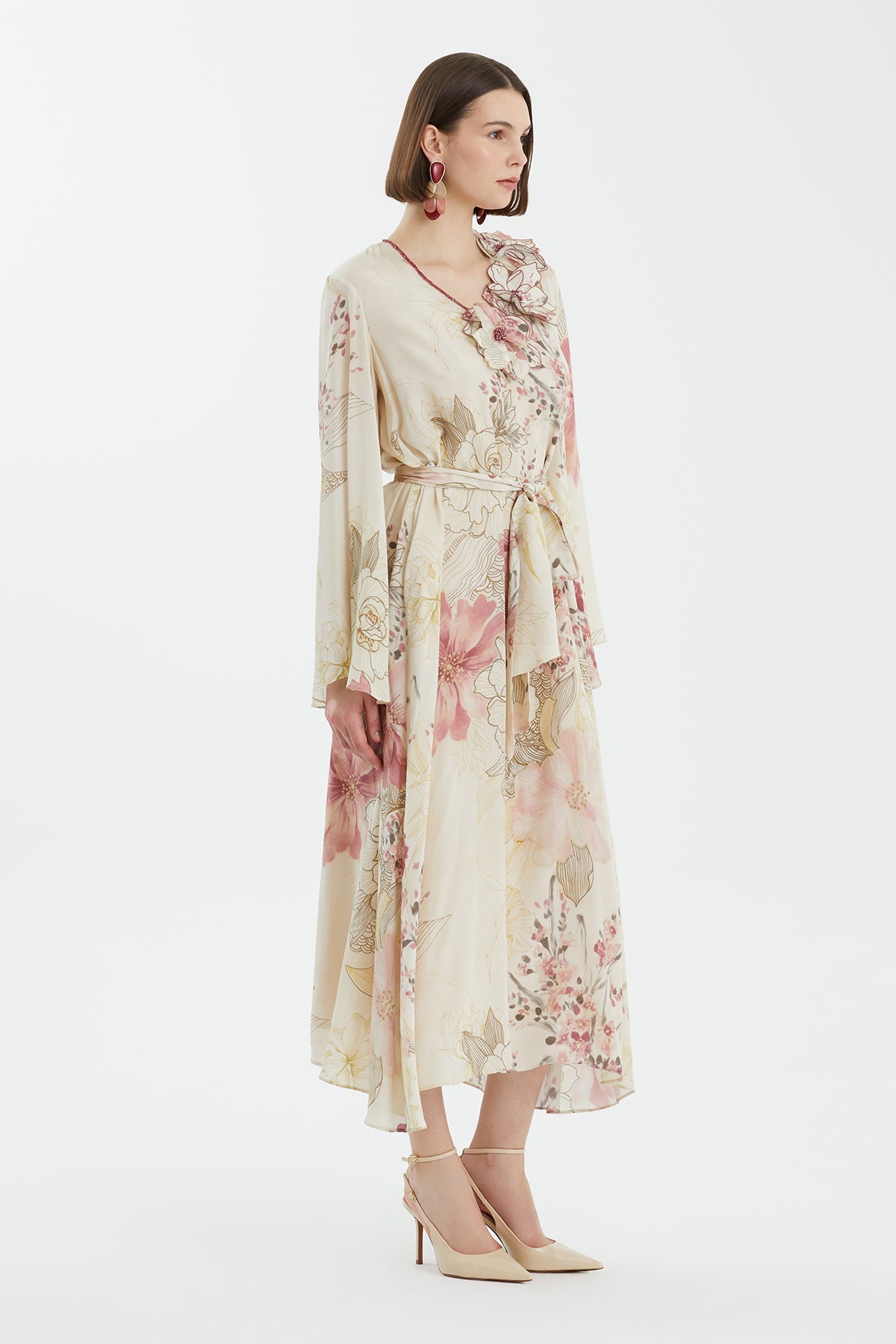 Floral Appliqué Draped Dress