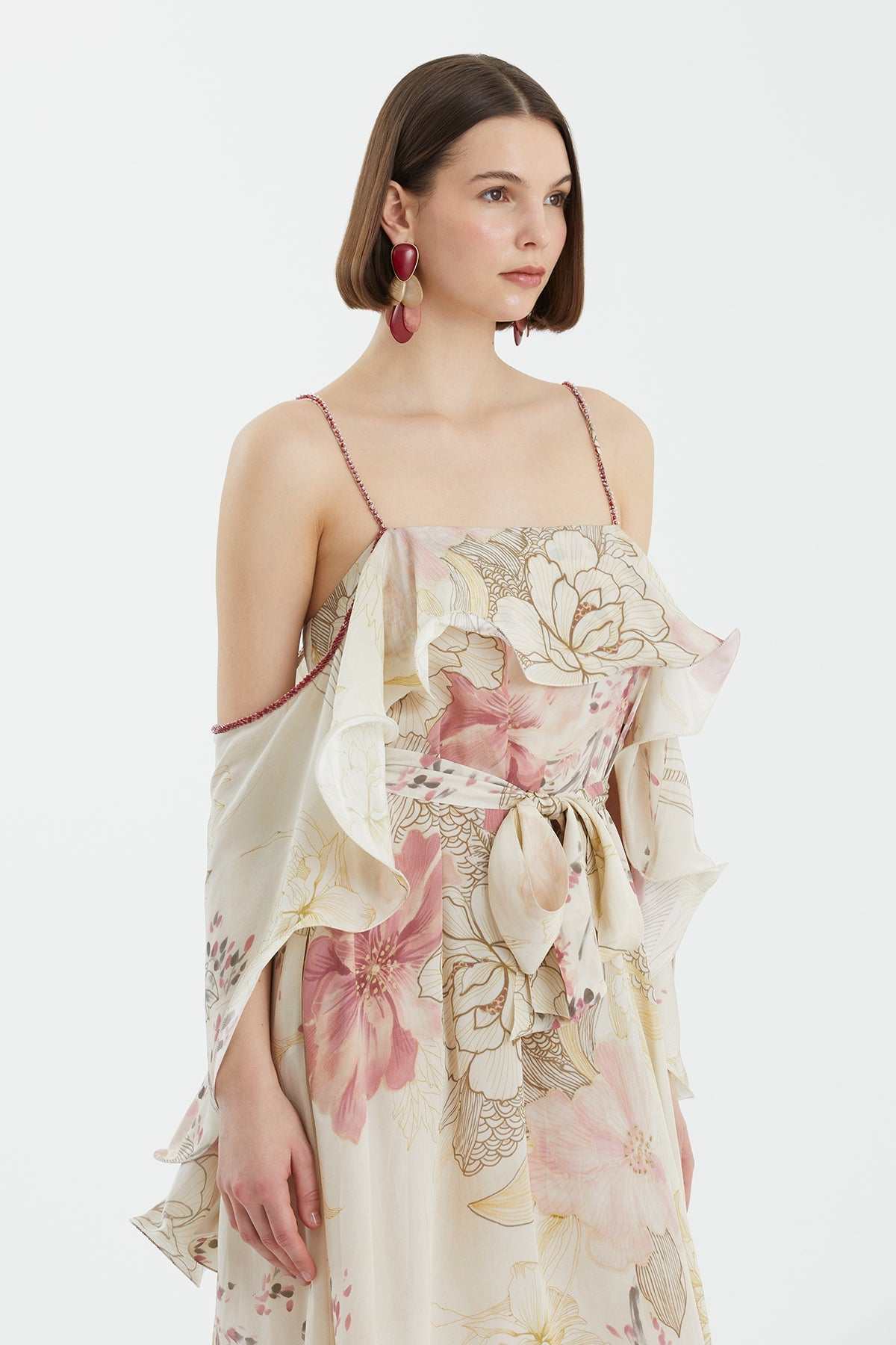 Embroidered Tie-Waist Printed Dress