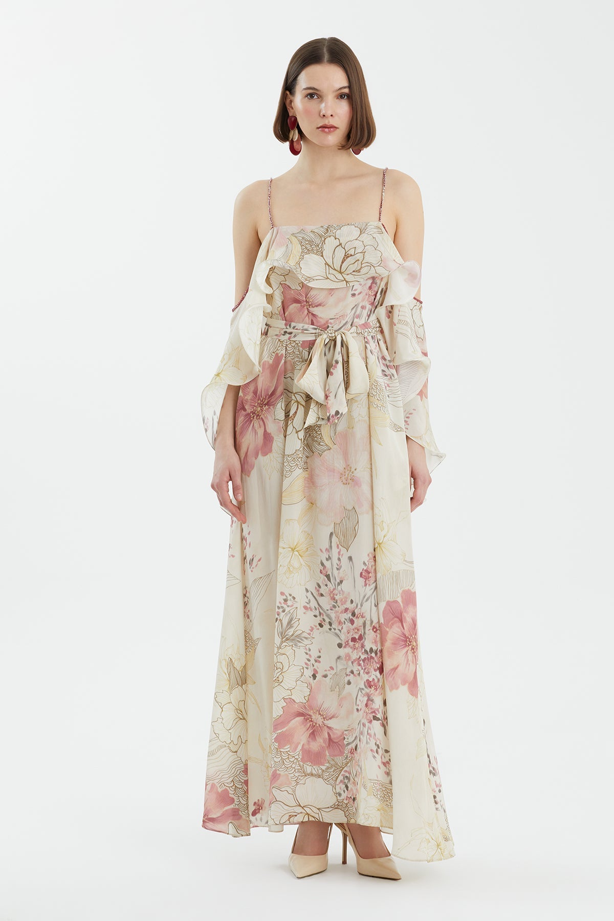 Embroidered Tie-Waist Printed Dress