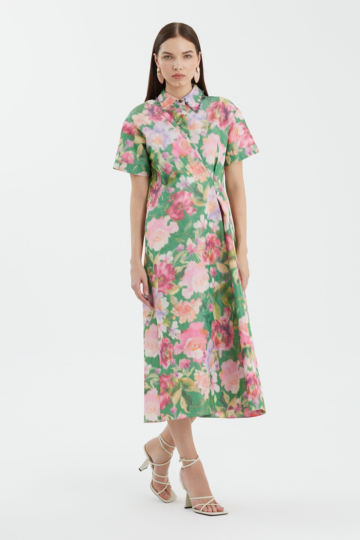 Embroidered Collar Printed Dress