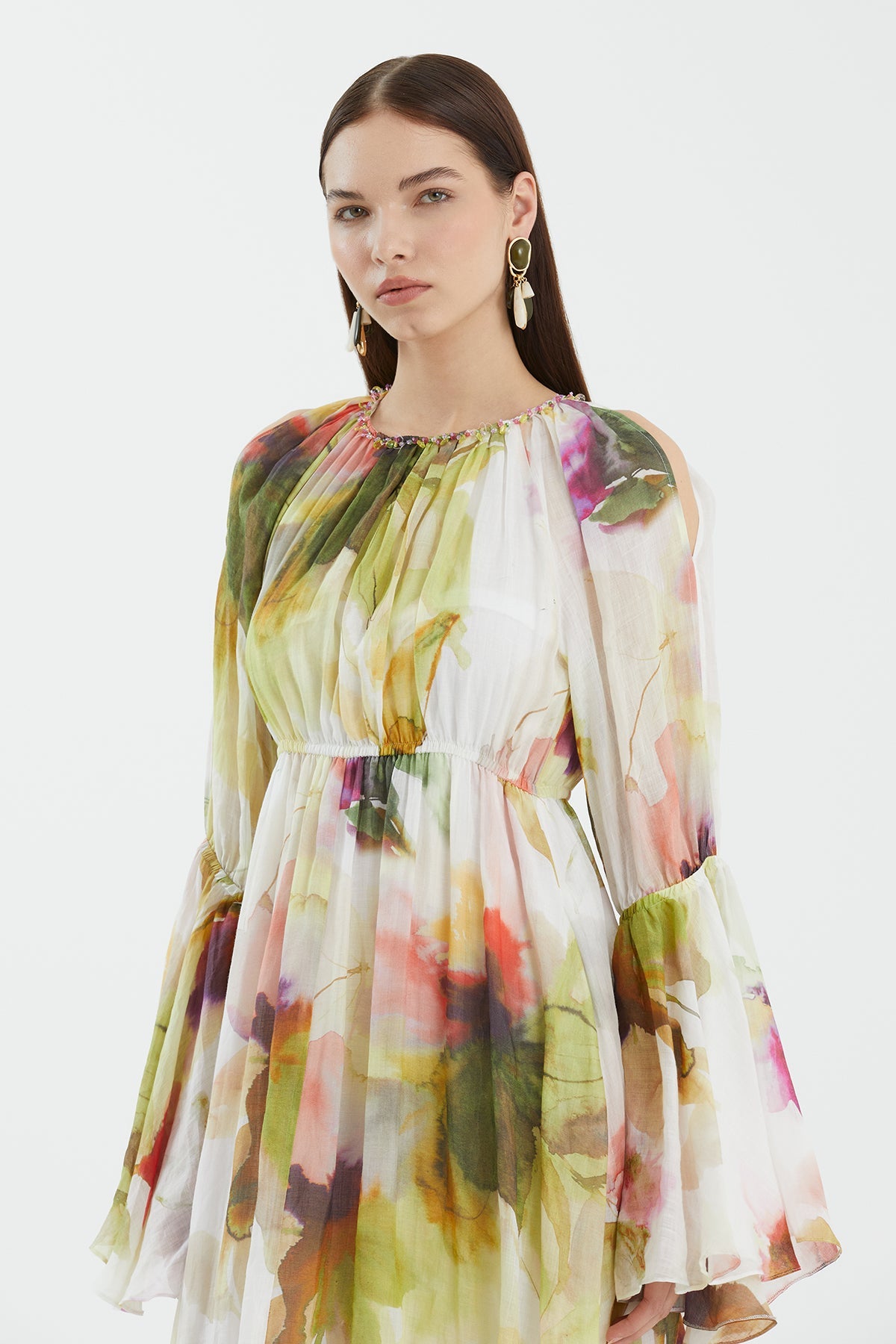 Embroidered Collar Printed Dress