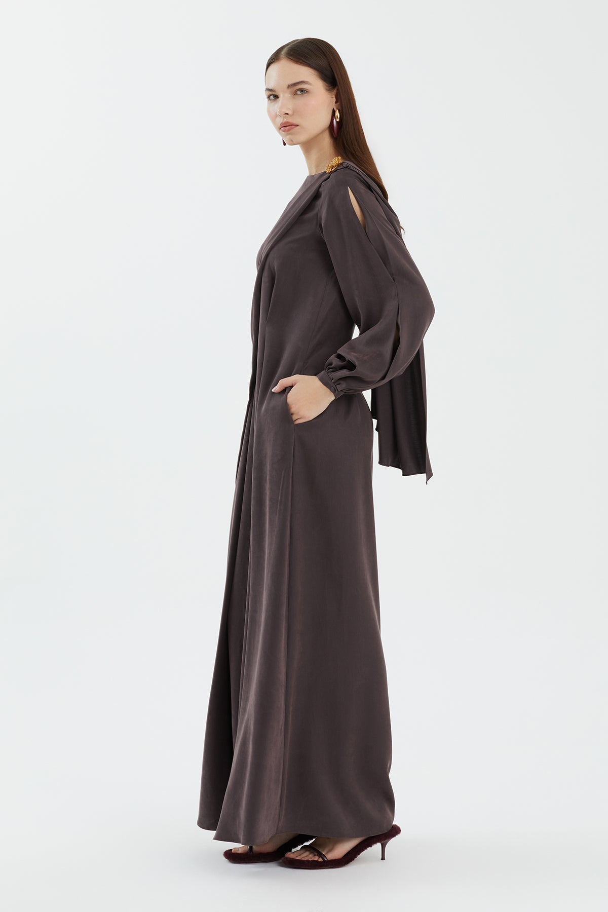 Brown Embellished Shoulder Detail Dress