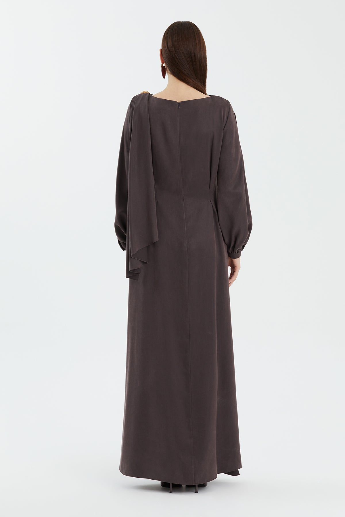 Brown Embellished Shoulder Detail Dress