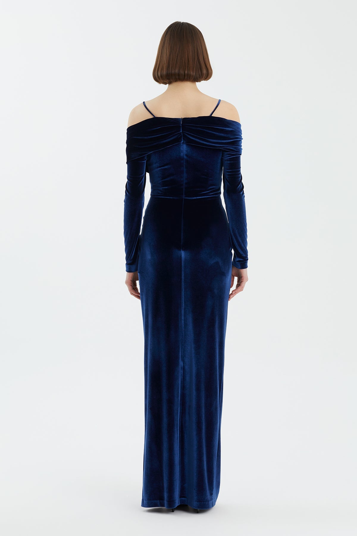 Dark Blue Slit Detail Velvet Dress