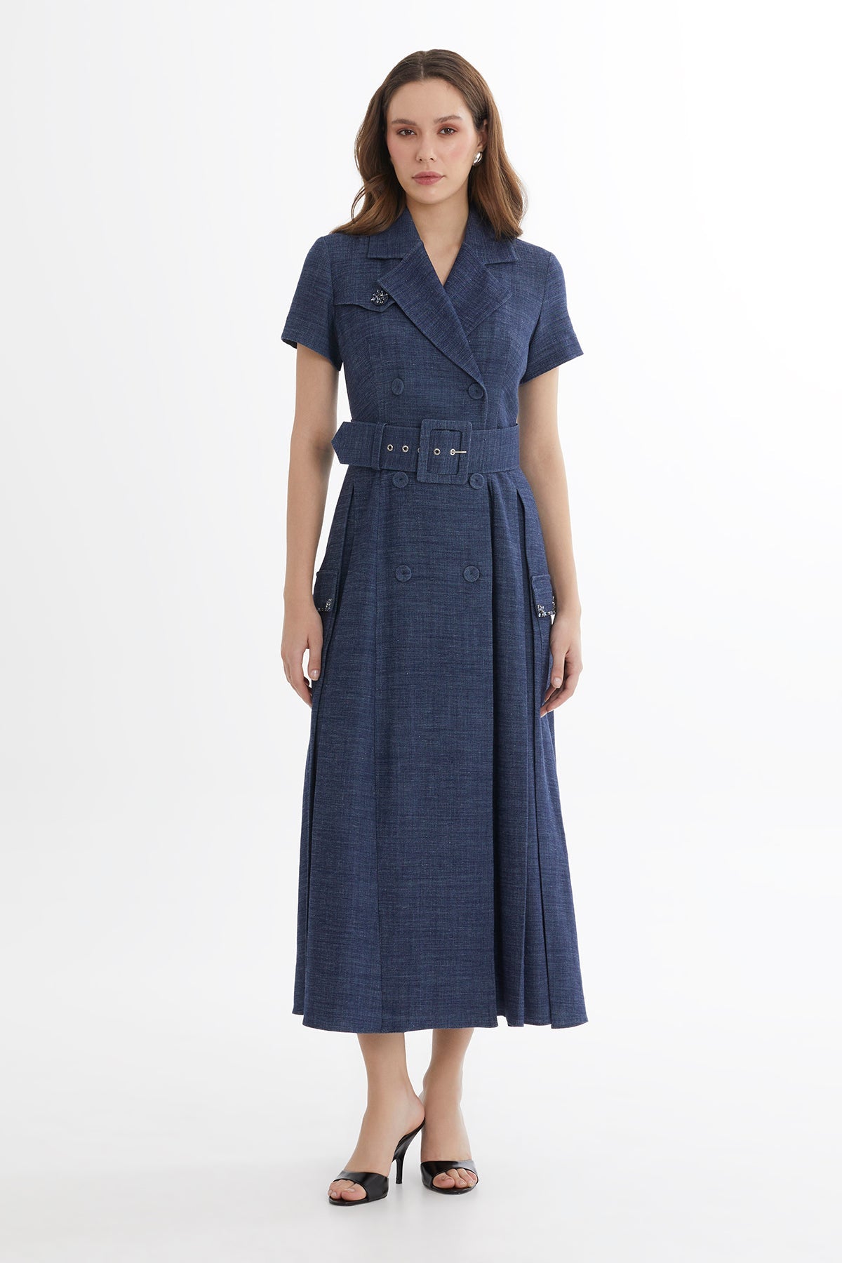 Blue Belted Embroidered Dress