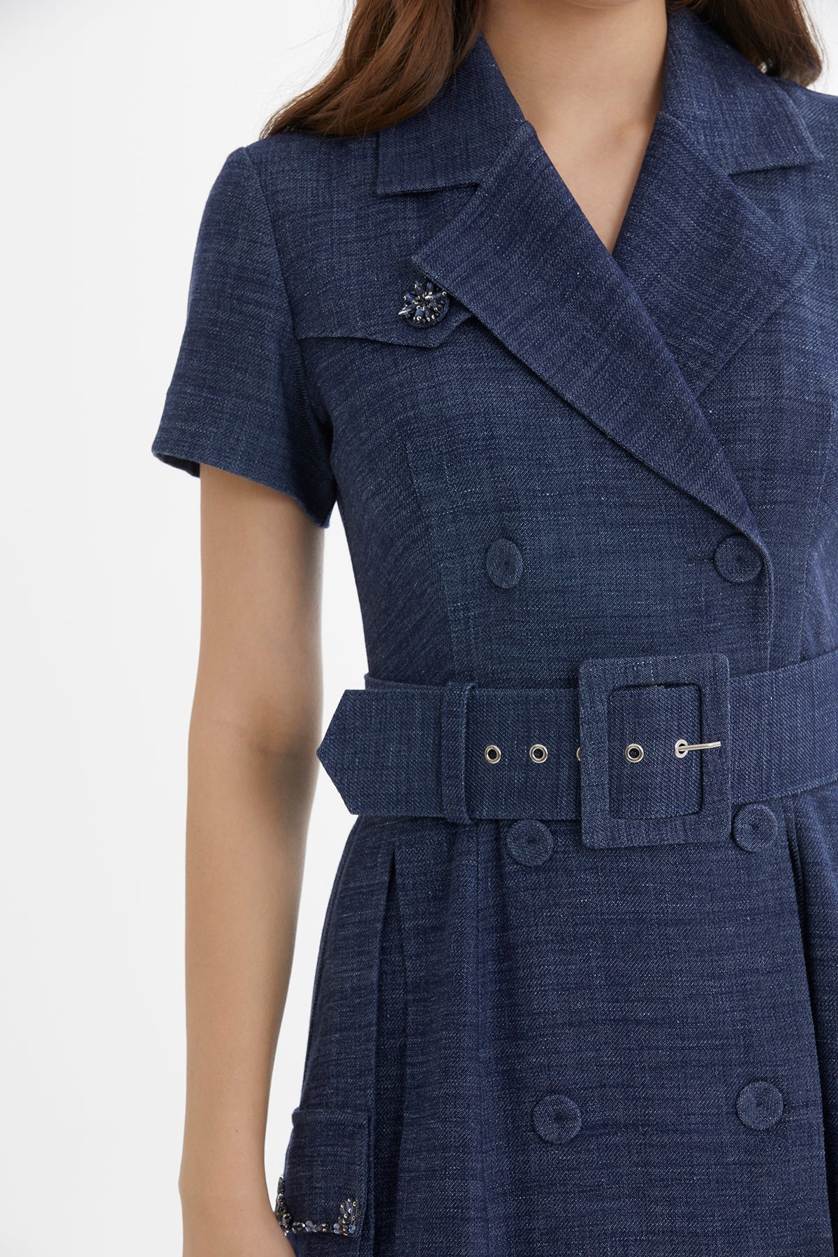 Blue Belted Embroidered Dress