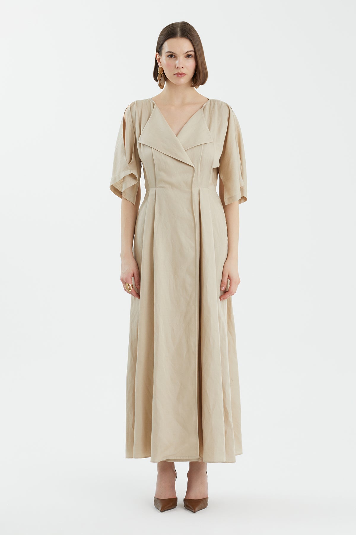 Beige Wrap Pleated Dress