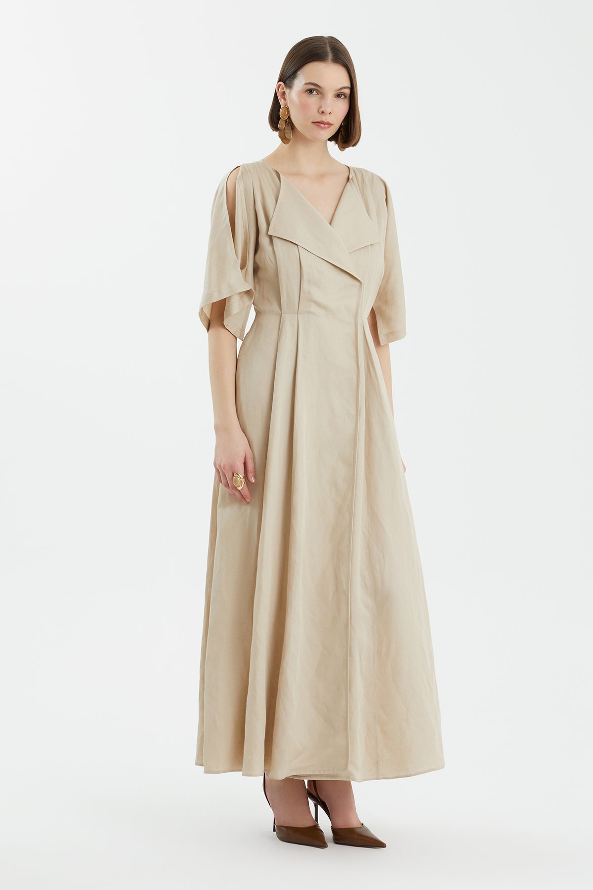 Beige Wrap Pleated Dress