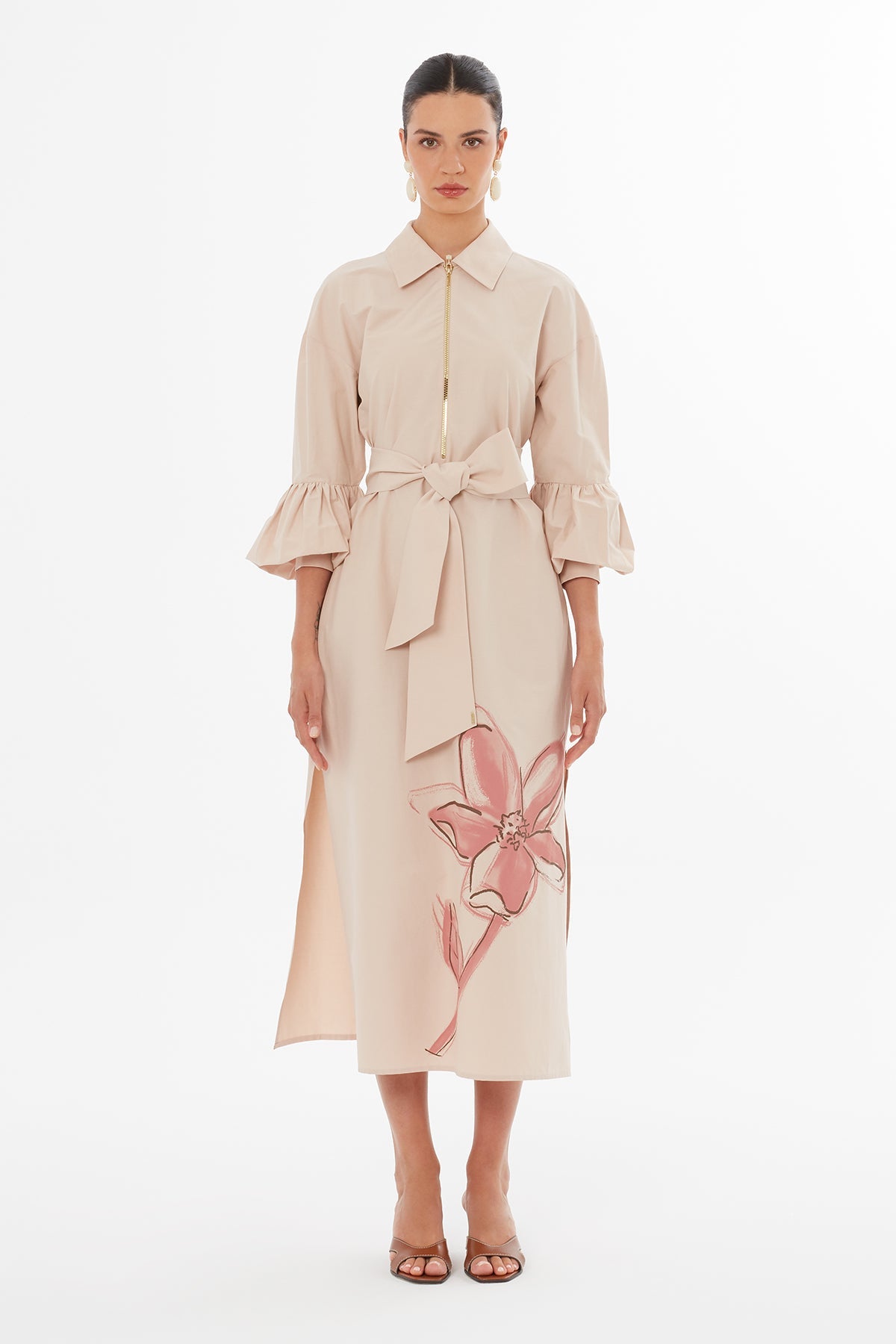 Beige Voluminous Sleeve Woven Dress