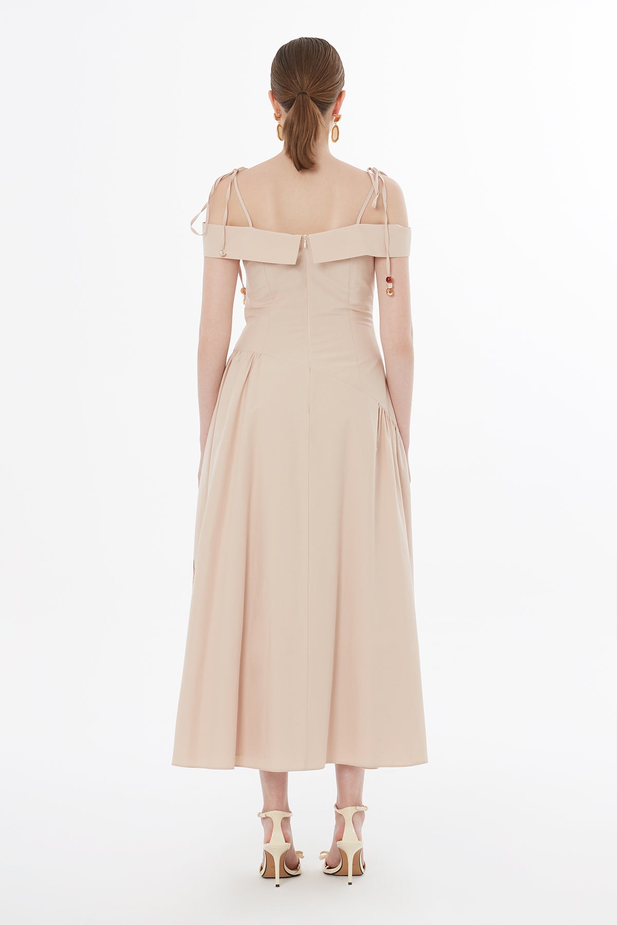 Beıge Strappy Floral Print Midi Dress