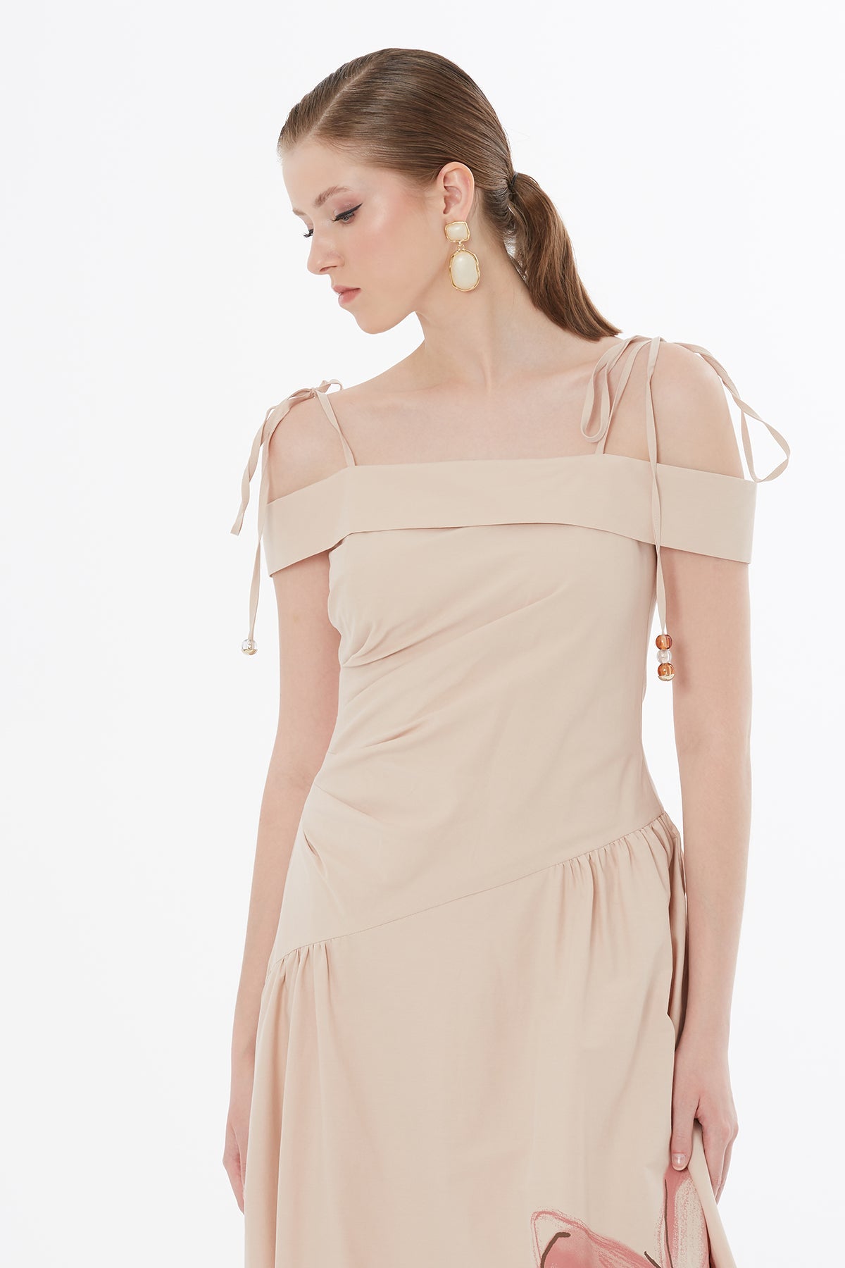 Beıge Strappy Floral Print Midi Dress