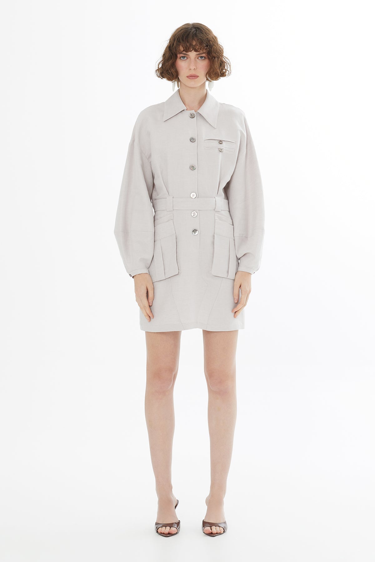 Beige Belted Shirt Mini Dress
