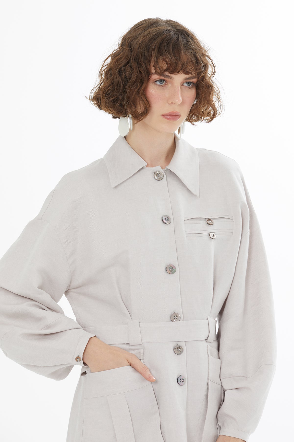Beige Belted Shirt Mini Dress