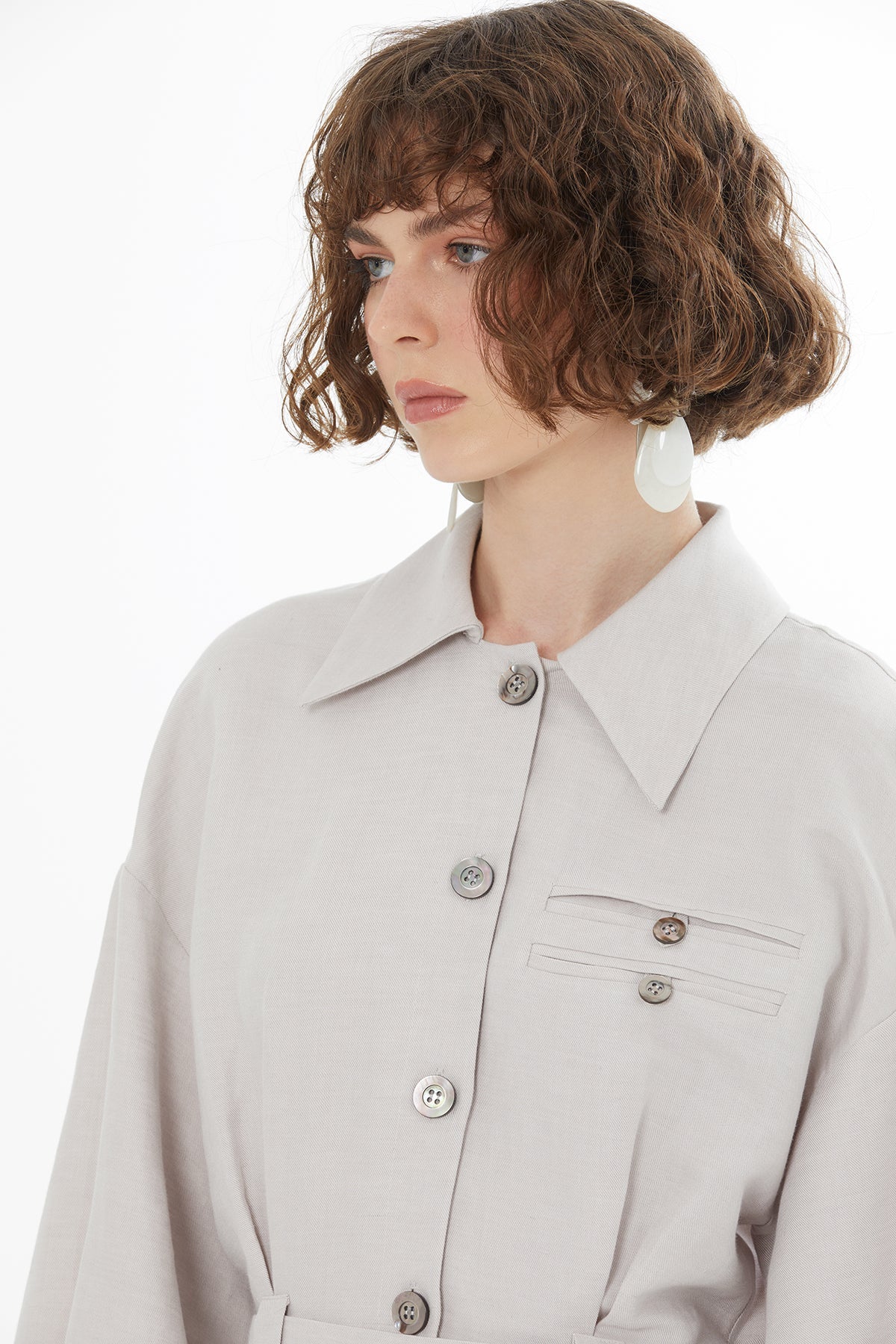 Beige Belted Shirt Mini Dress