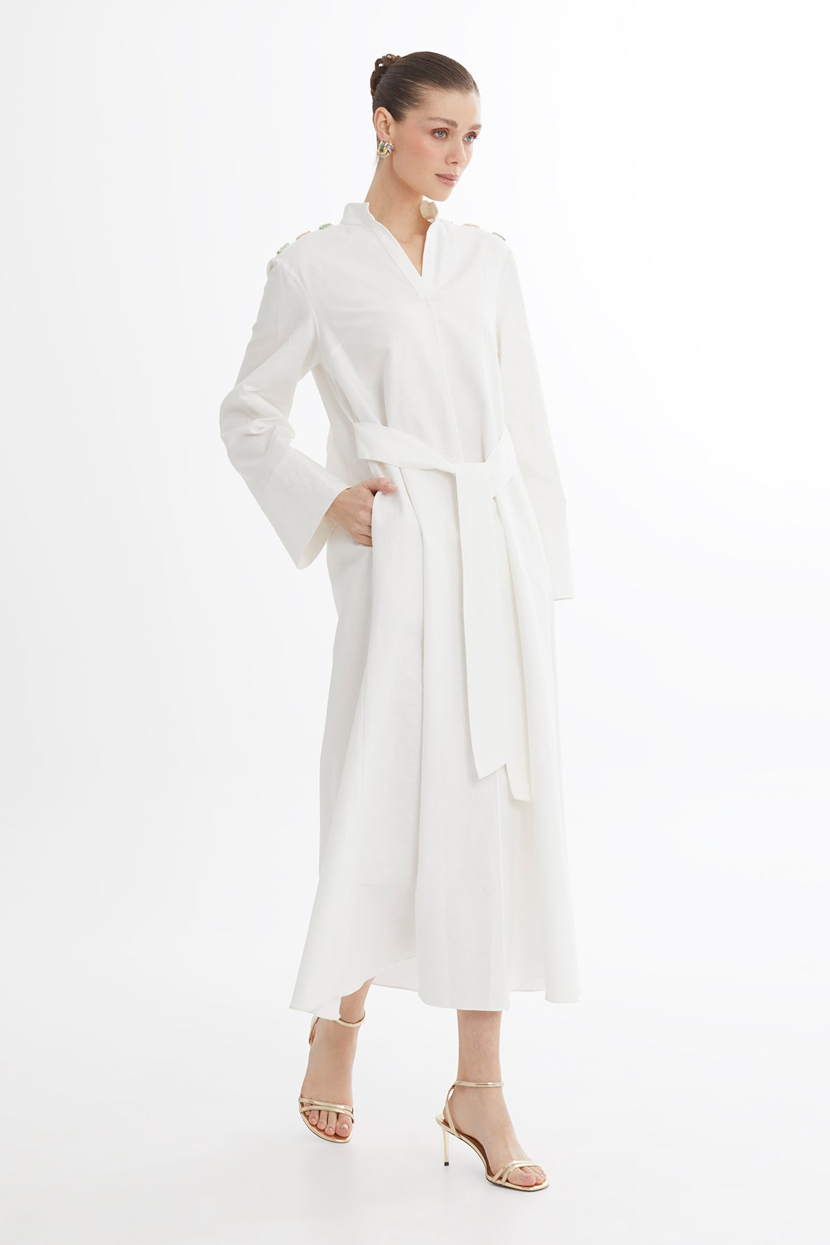 Ecru Bone Button Detail Midi Dress With Beaded Belt