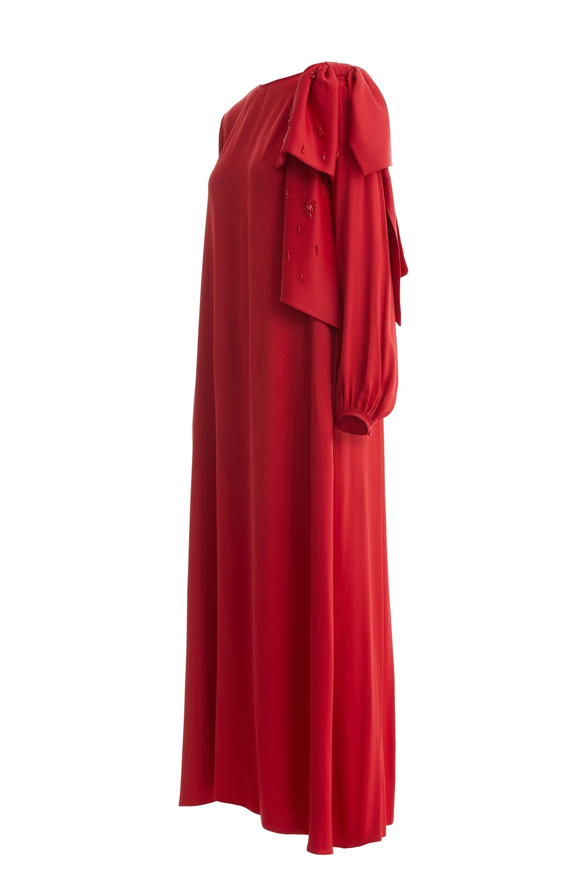 Red Embroidered Bow-Detail Shoulder Dress
