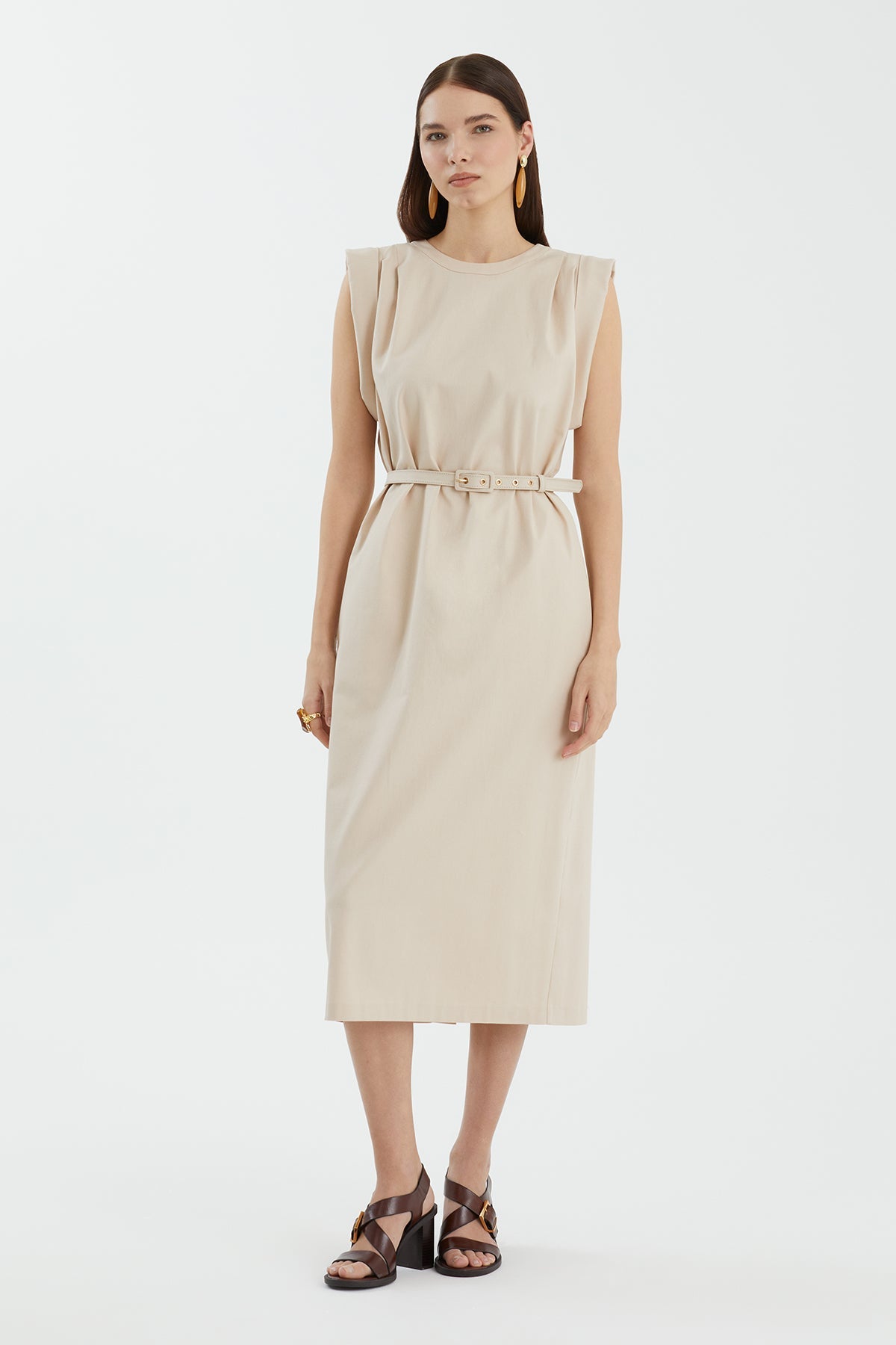 Beige Sleeveless Straight-Cut Dress