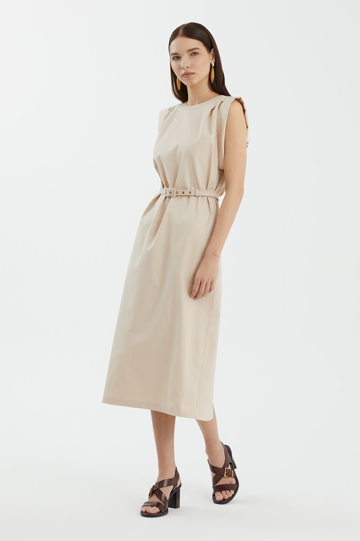 Beige Sleeveless Straight-Cut Dress