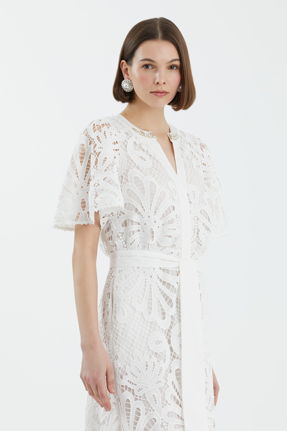 Ecru Embroidered Belted Dress