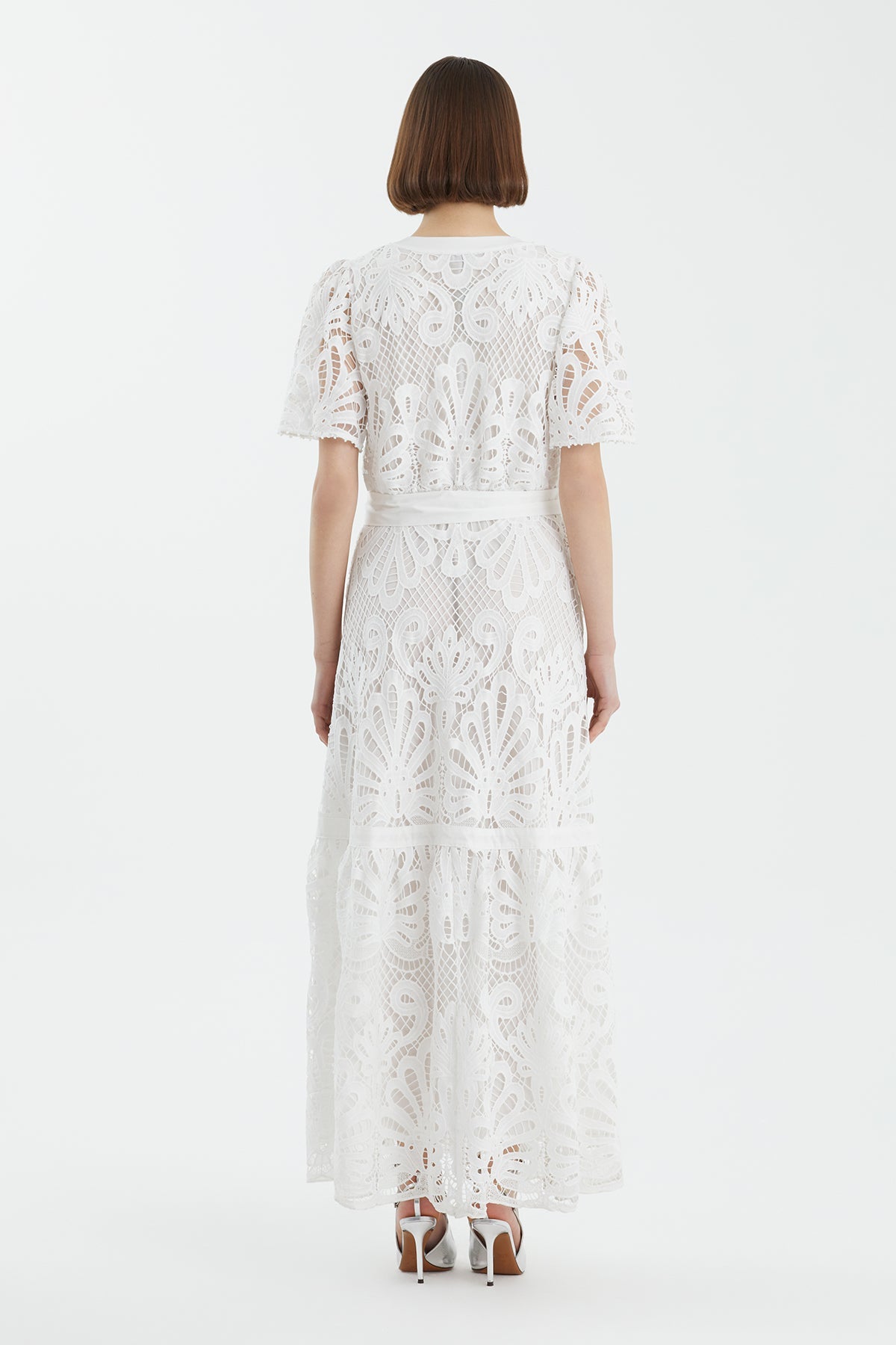Ecru Embroidered Belted Dress