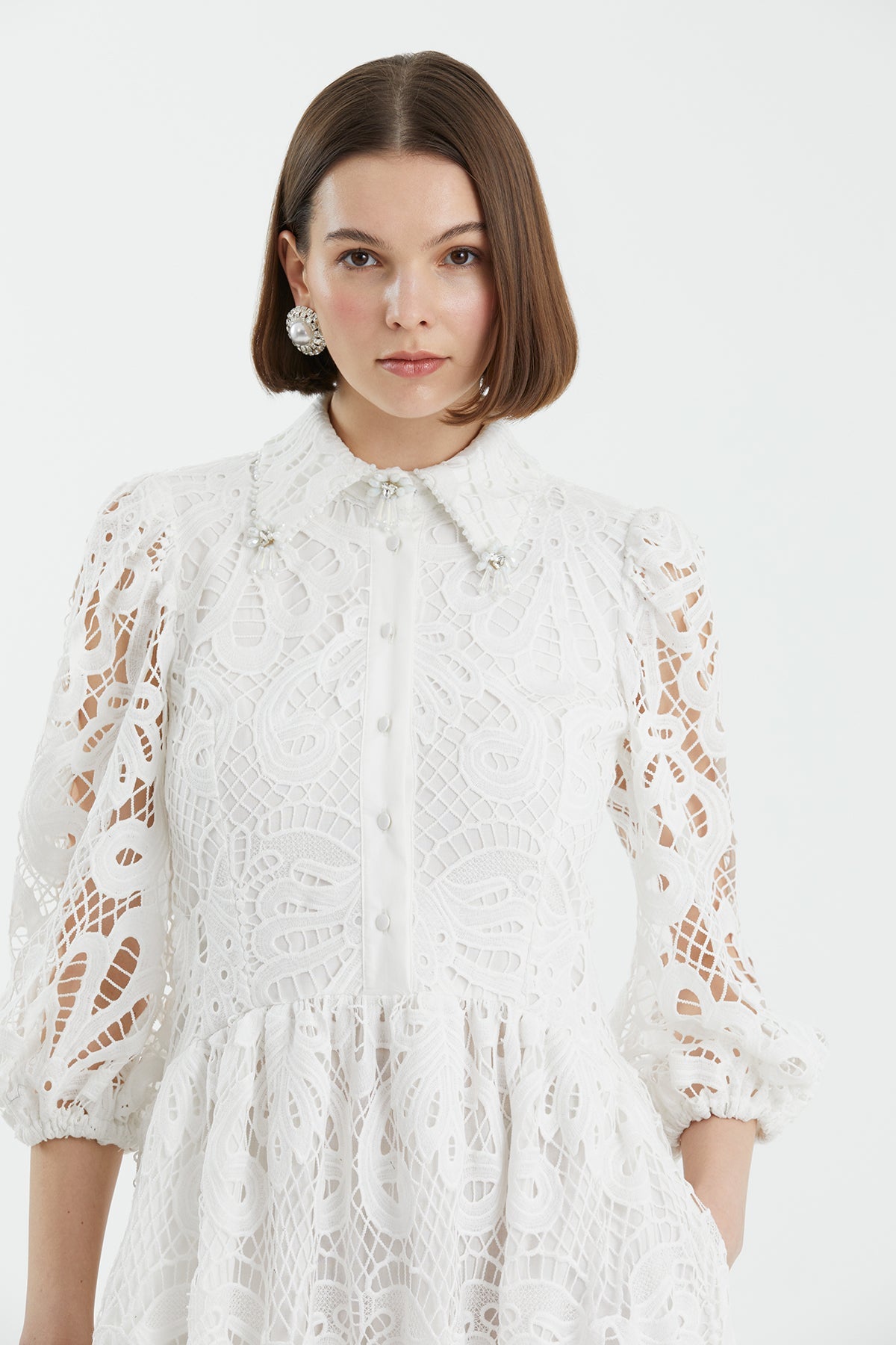 Ecru Puff Sleeve Embroidered Dress