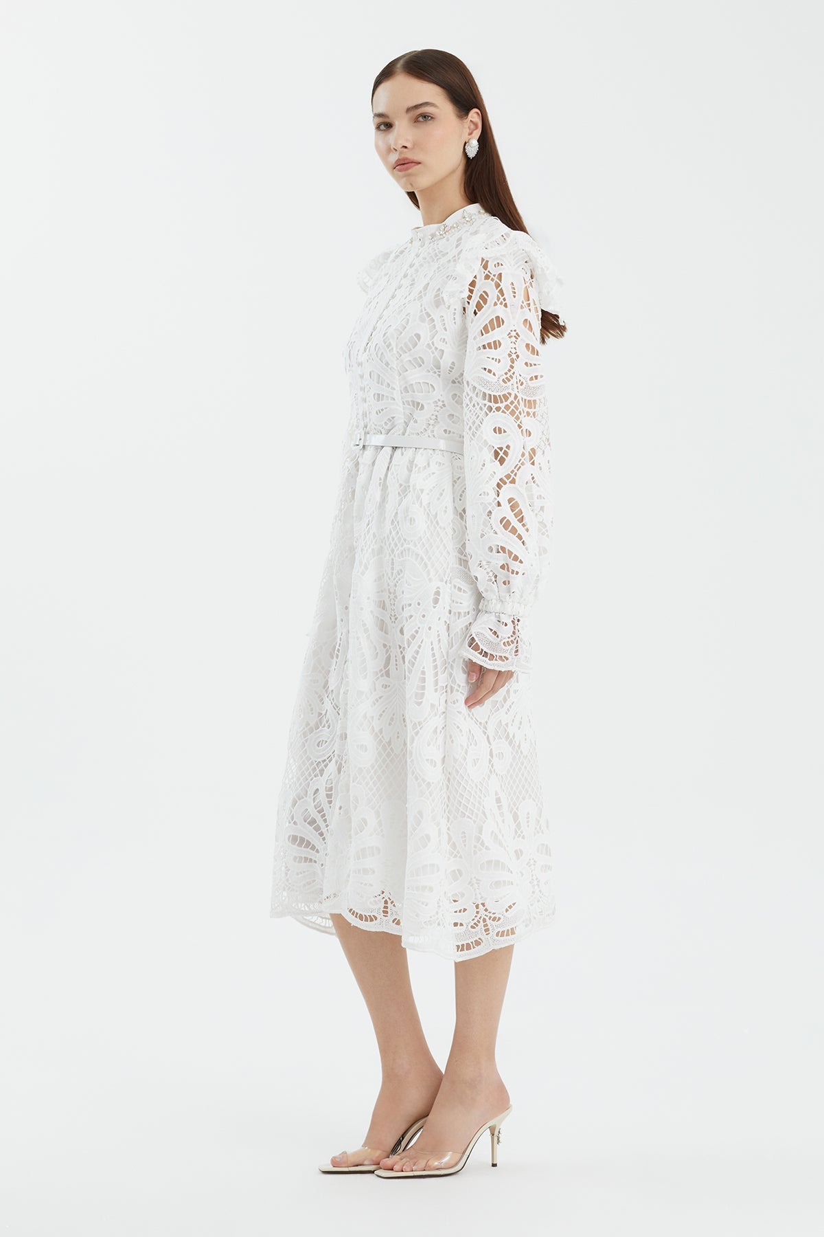 Ecru Leather-Belt Gathered Sleeve Midi Dress