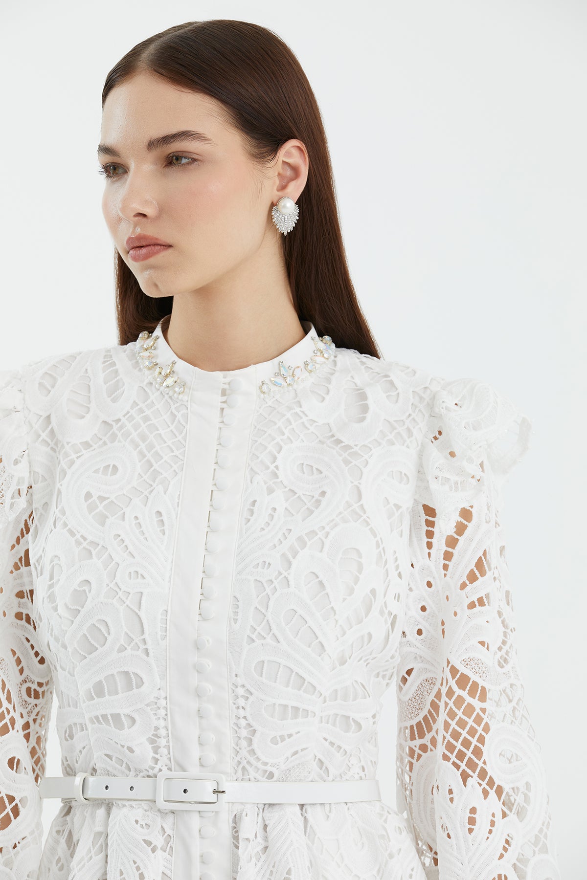 Ecru Leather-Belt Gathered Sleeve Midi Dress