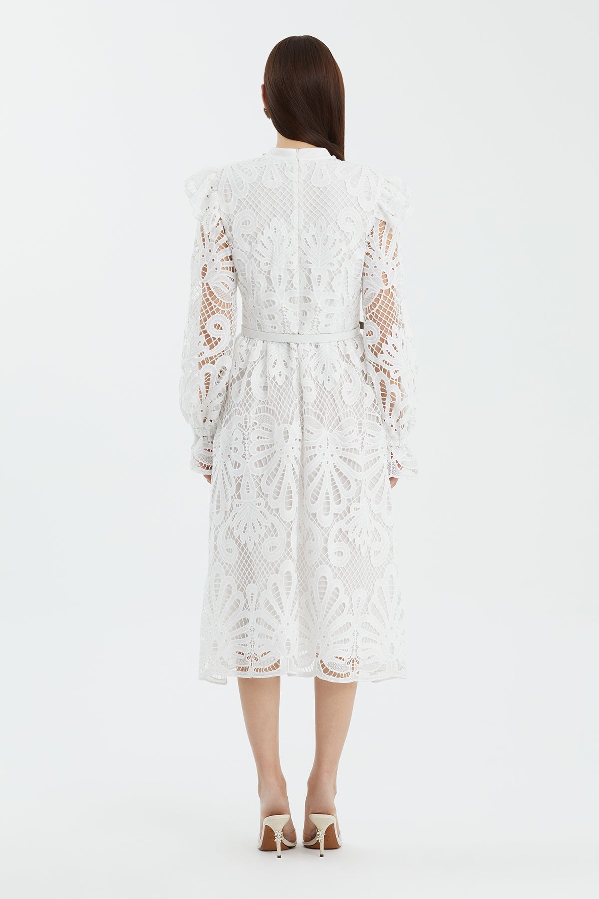 Ecru Leather-Belt Gathered Sleeve Midi Dress