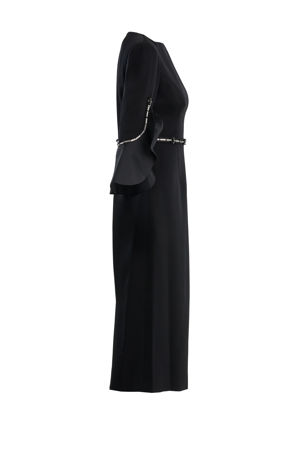 Black Shoulder-Pad Embroidered Slit Dress