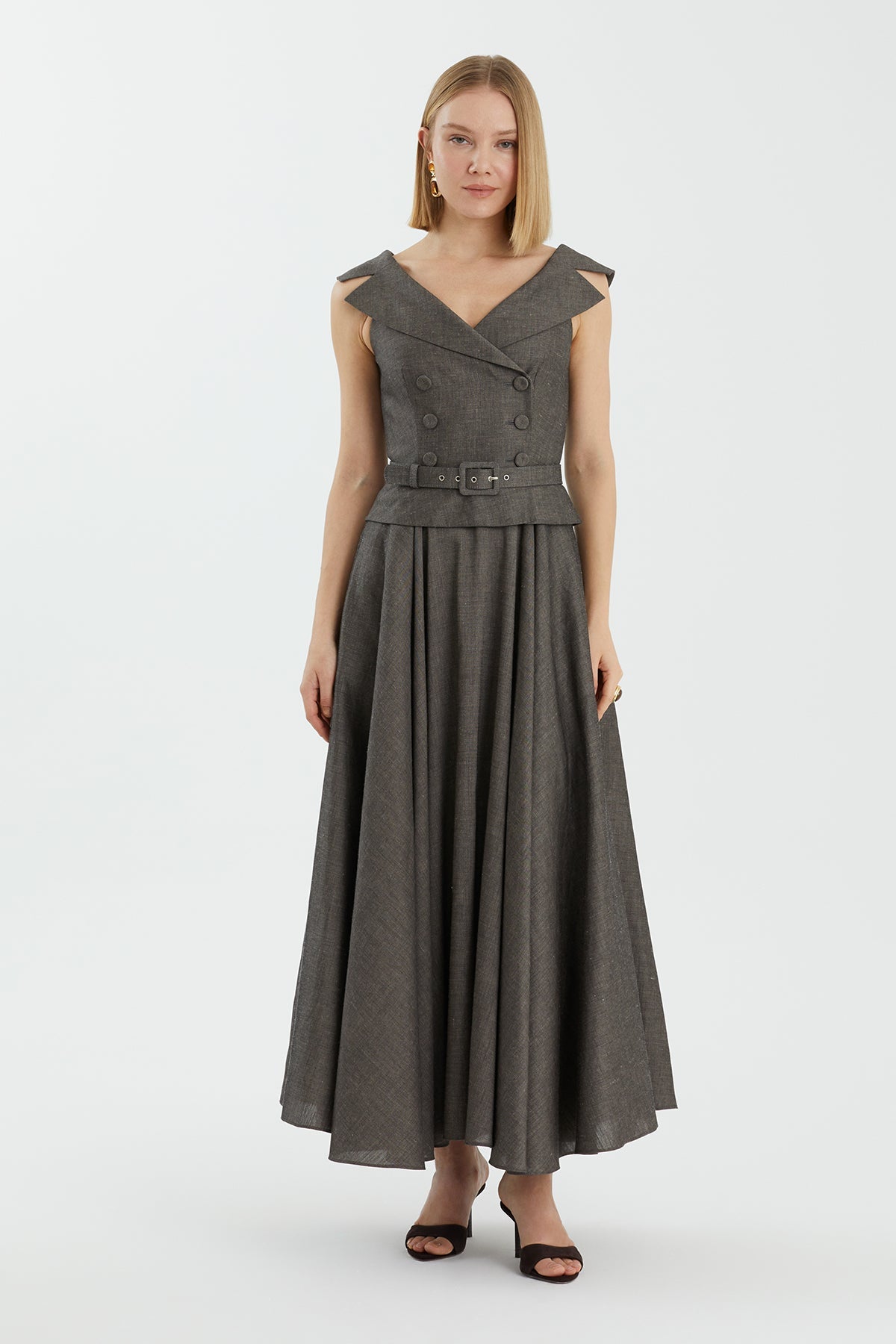 Grey Belted Pleated Maxi Dress