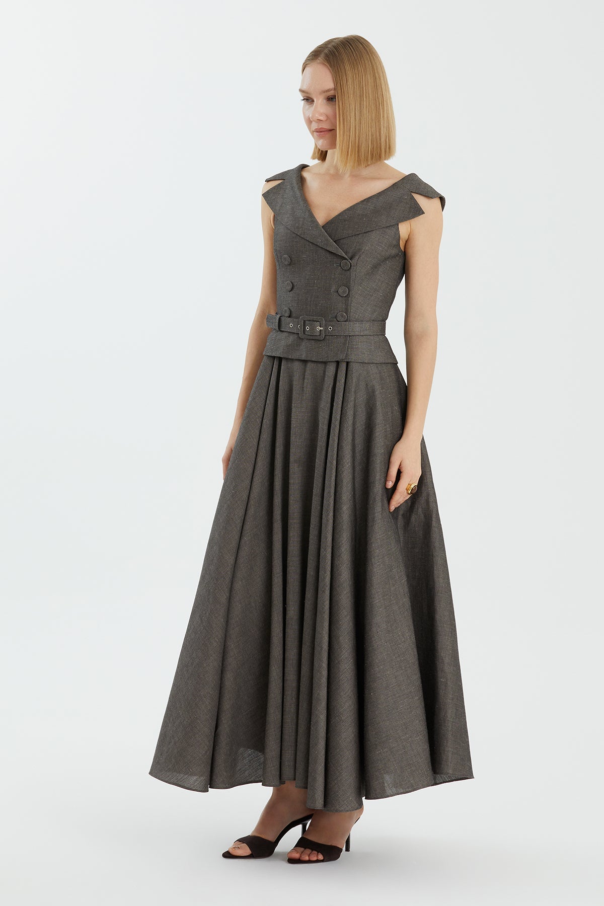 Grey Belted Pleated Maxi Dress
