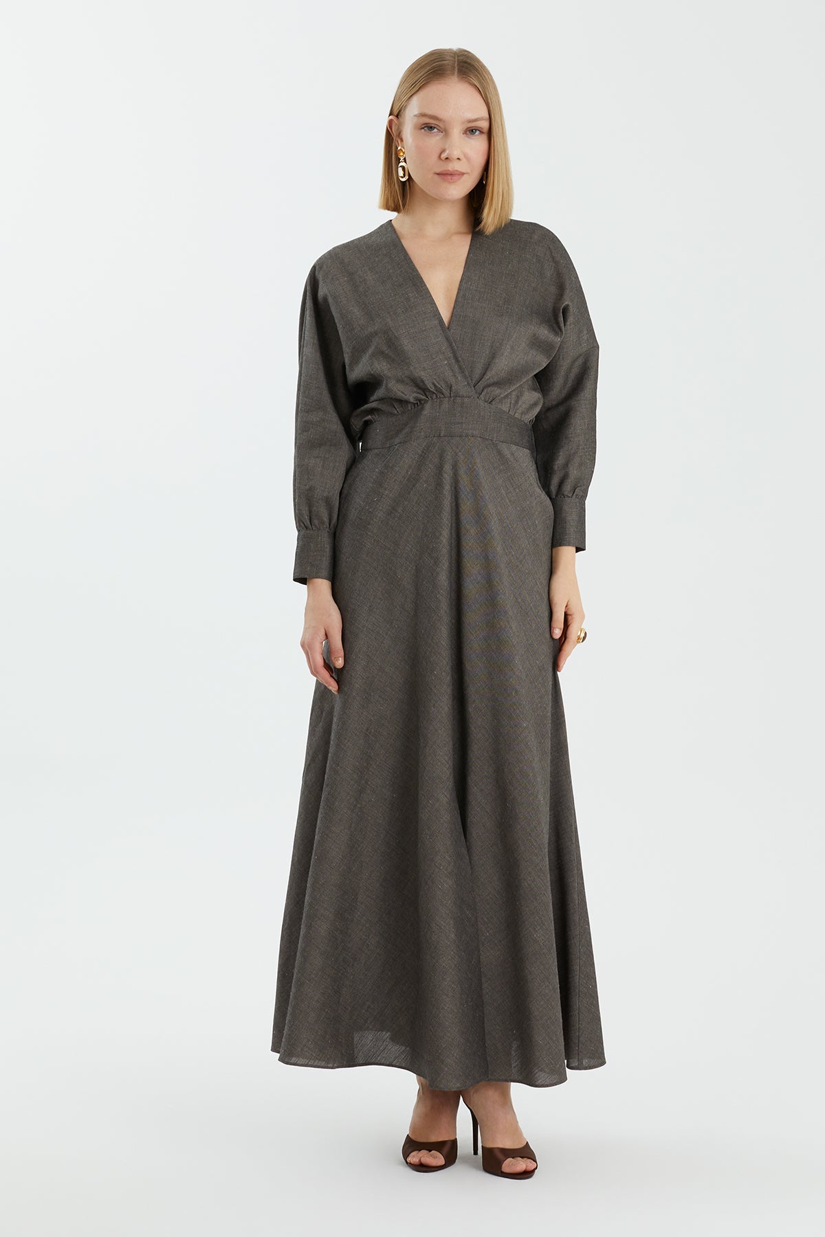 Grey Long-Sleeve Ankle-Length Dress