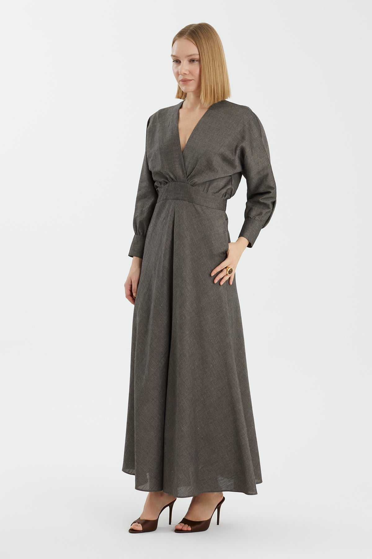 Grey Long-Sleeve Ankle-Length Dress