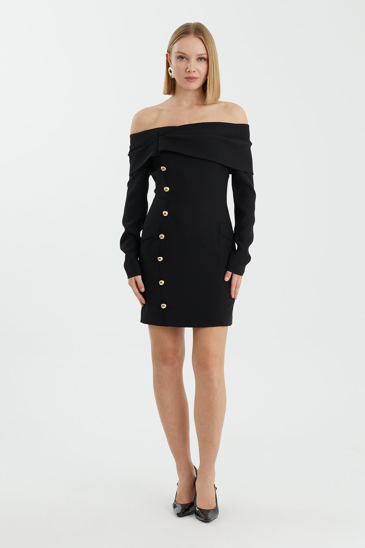 Black Strapless Mini Dress with Metal Button Details