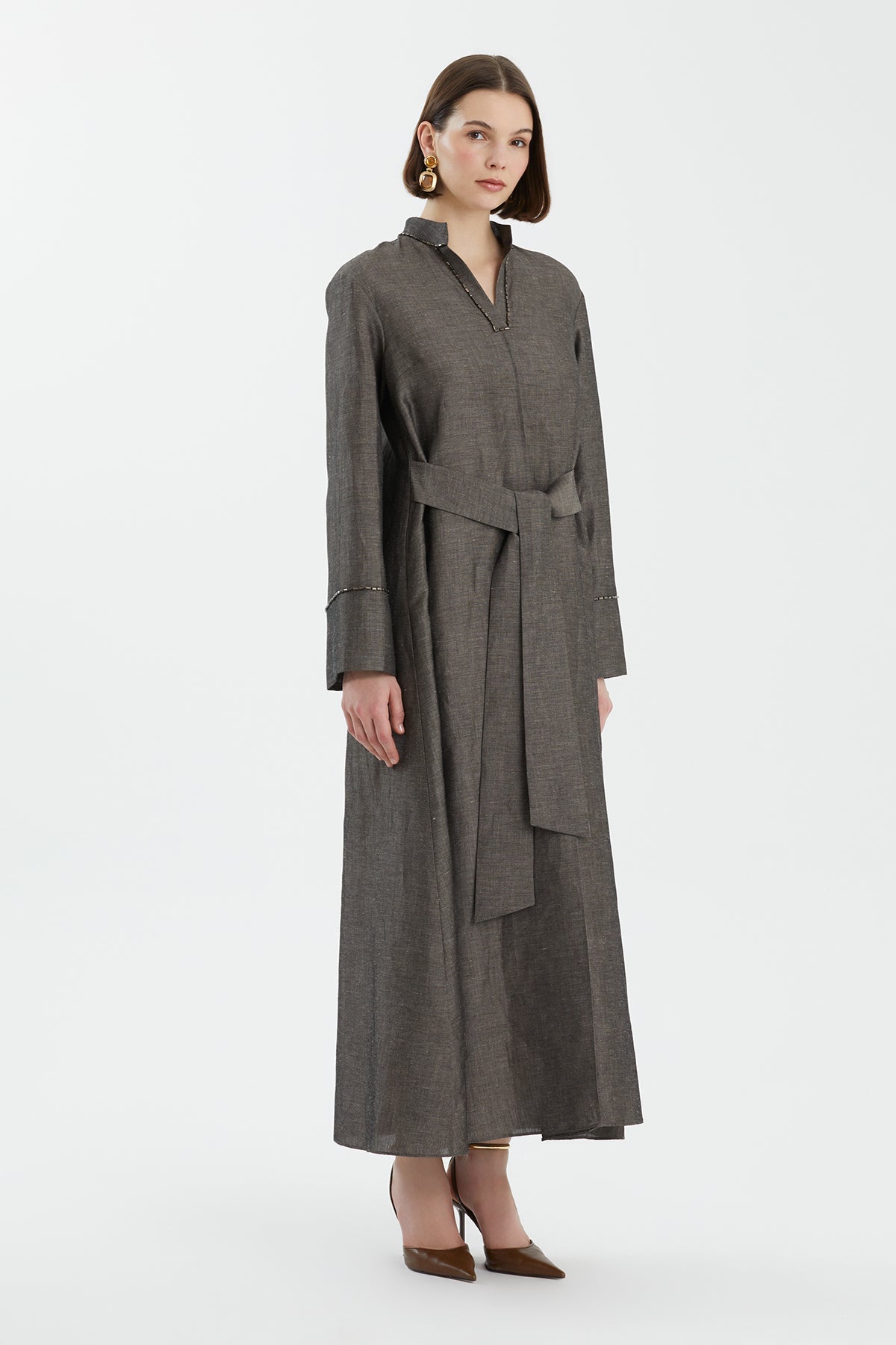 Grey Embroidered Linen Dress