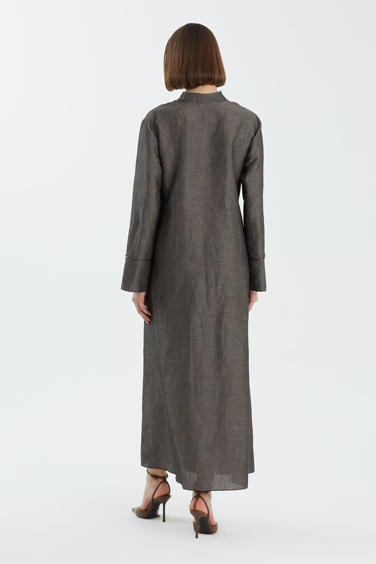 Grey Embroidered Linen Dress