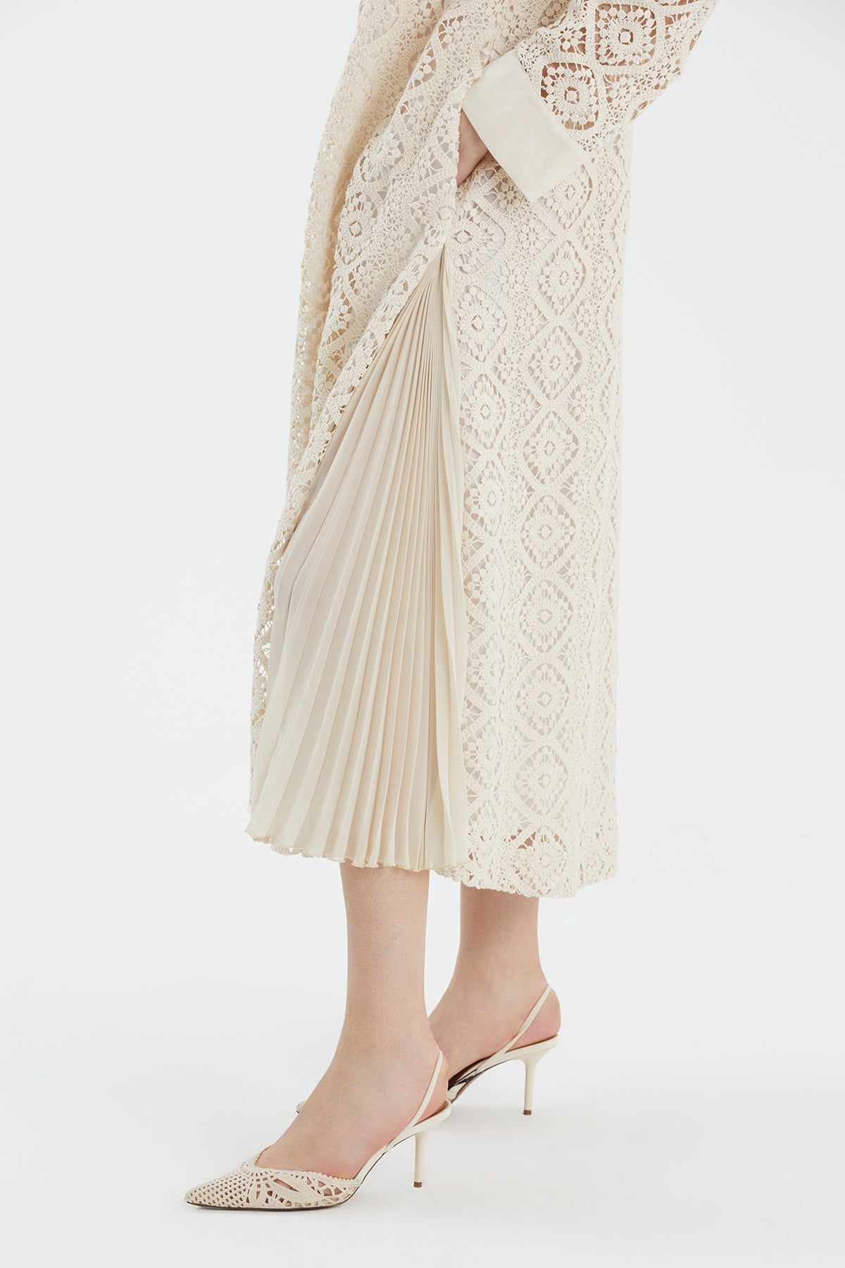Ecru Crystal Button Lace Dress
