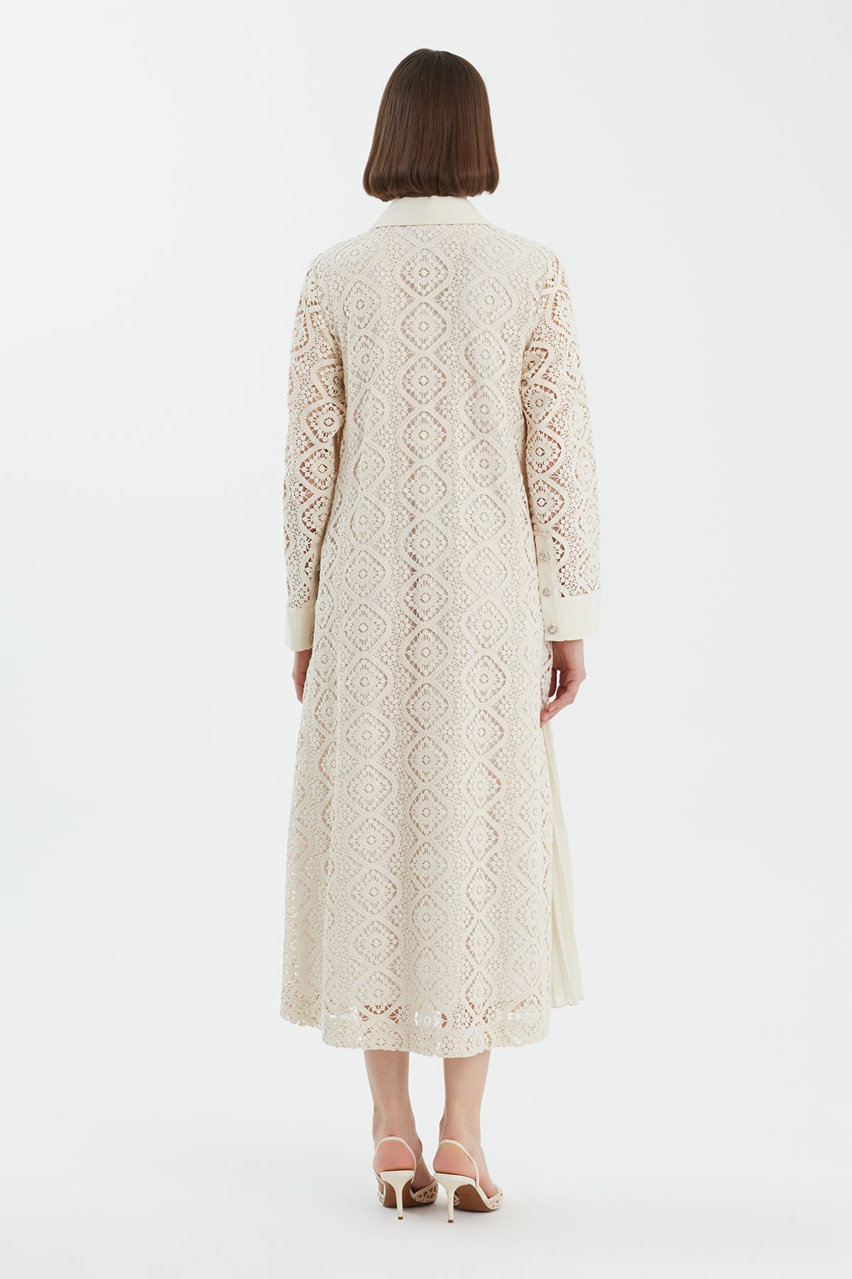 Ecru Crystal Button Lace Dress