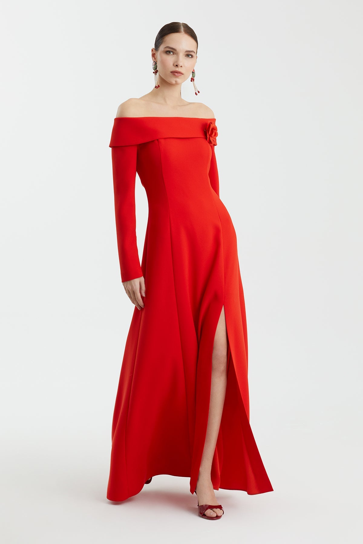 Red Long-Sleeve Strapless Dress