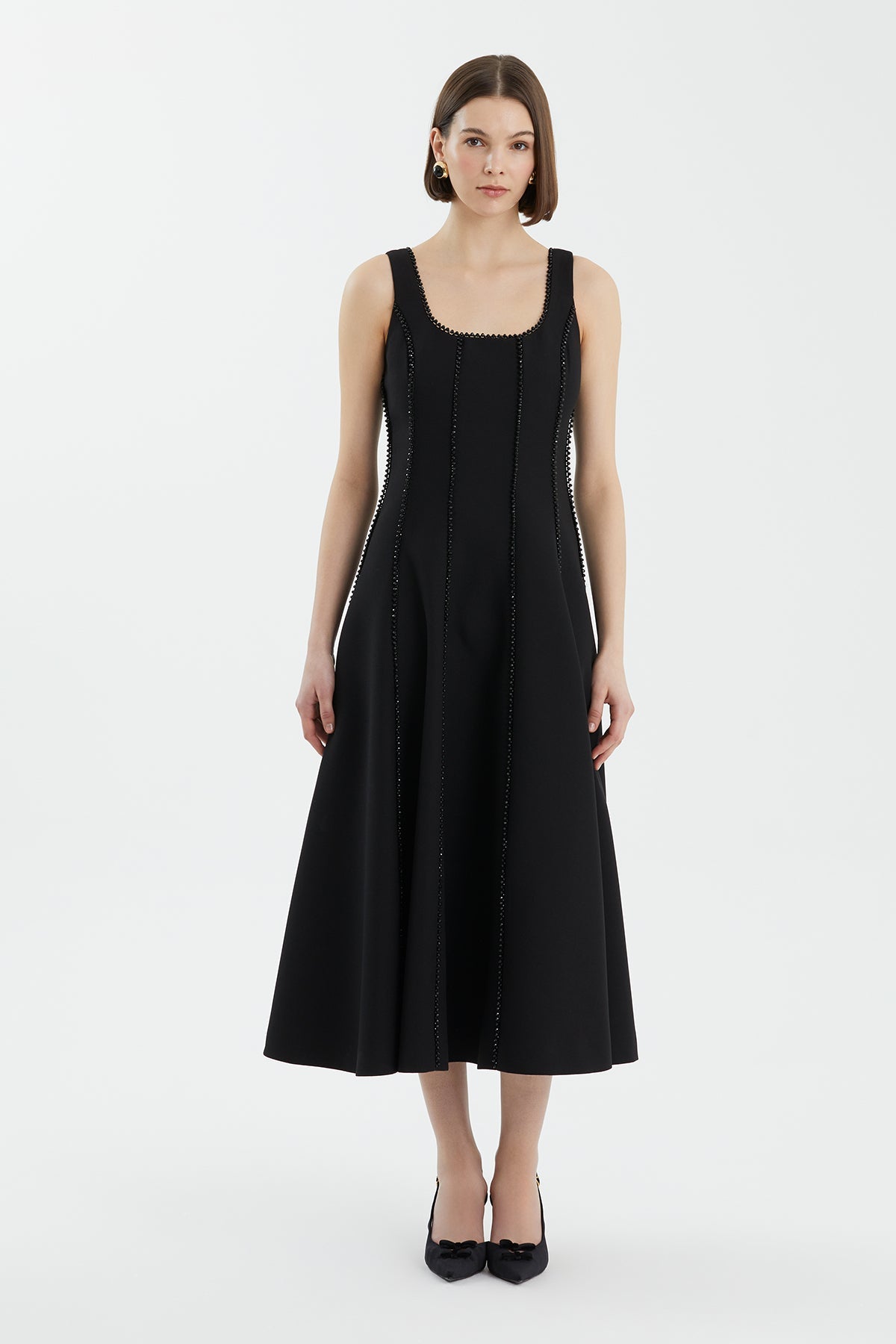 Black Embroidered Trim Flared Dress