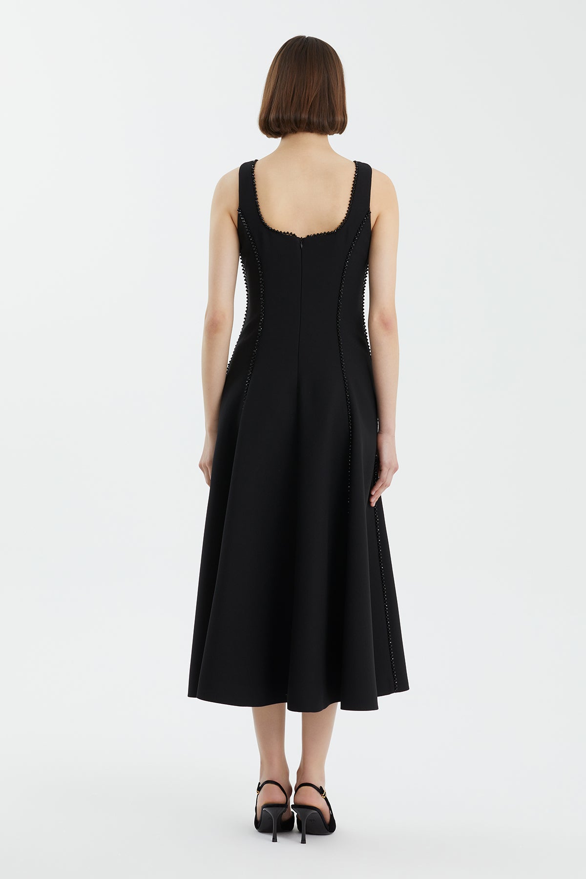 Black Embroidered Trim Flared Dress