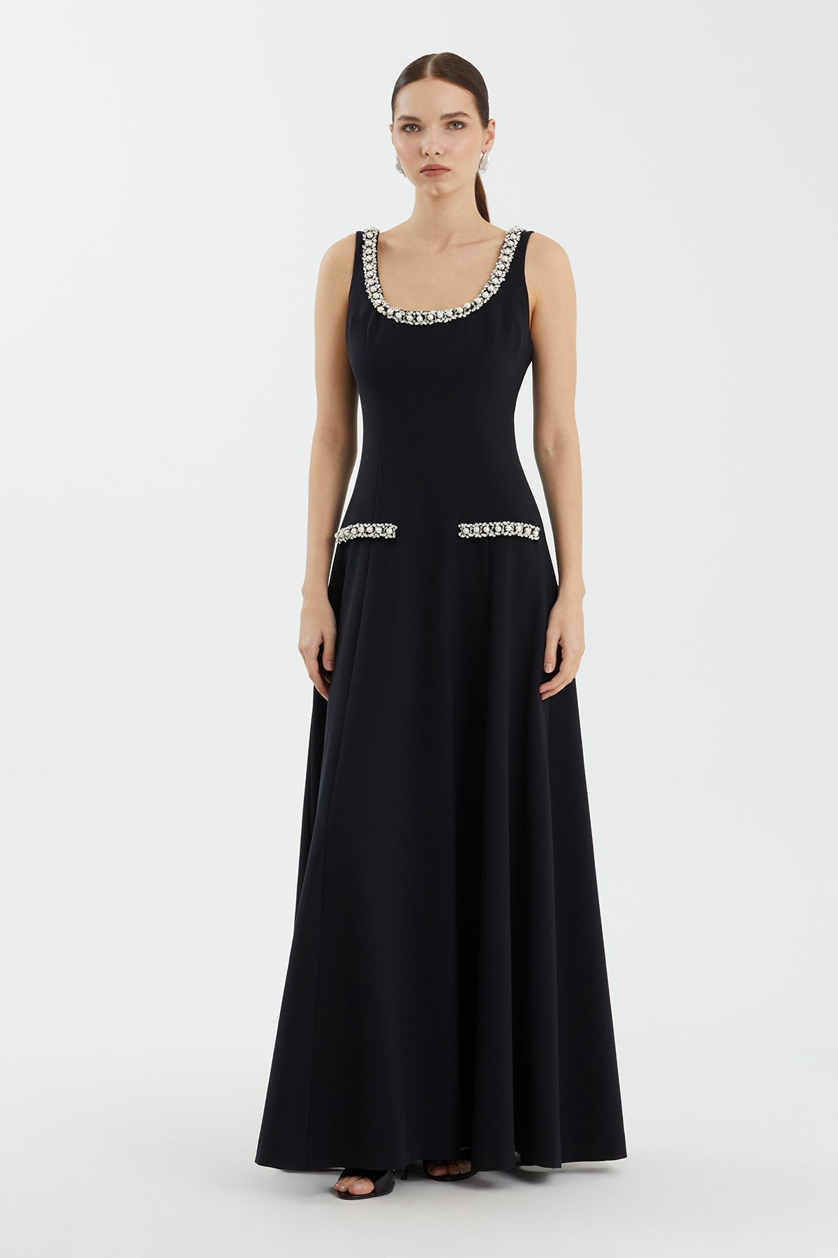 Black Square-Neck Embellished Dress