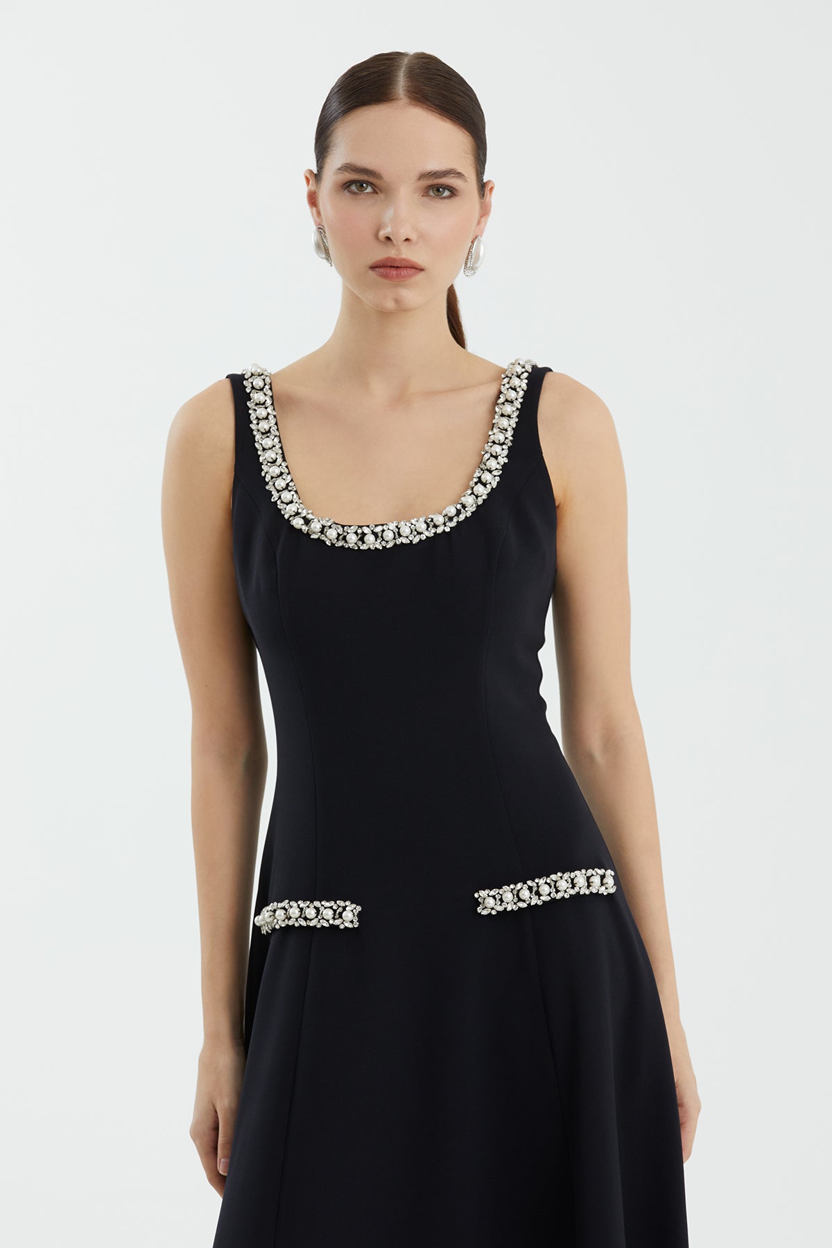 Black Square-Neck Embellished Dress