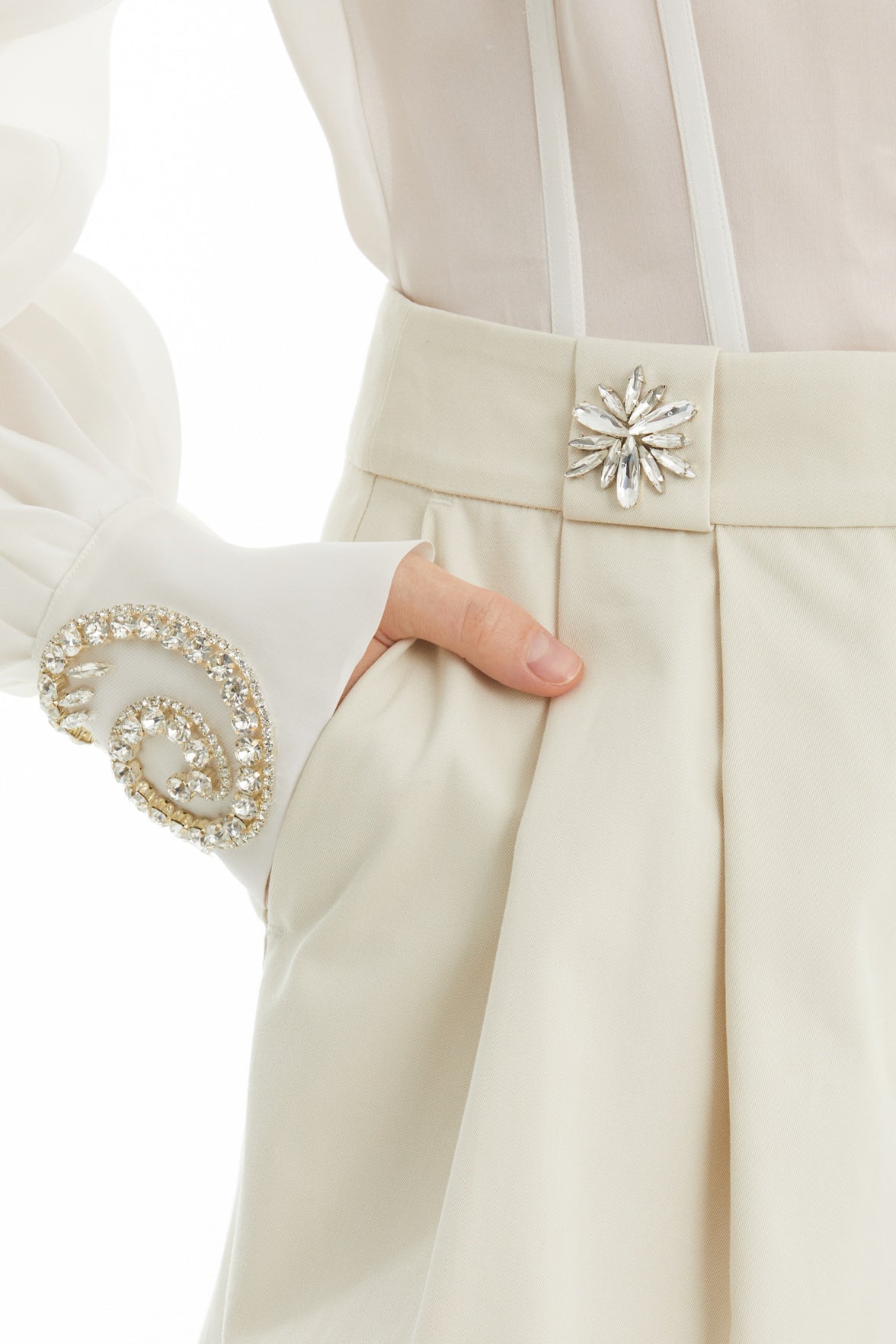 Beige High-Waist Double-Pleated Balloon Trousers